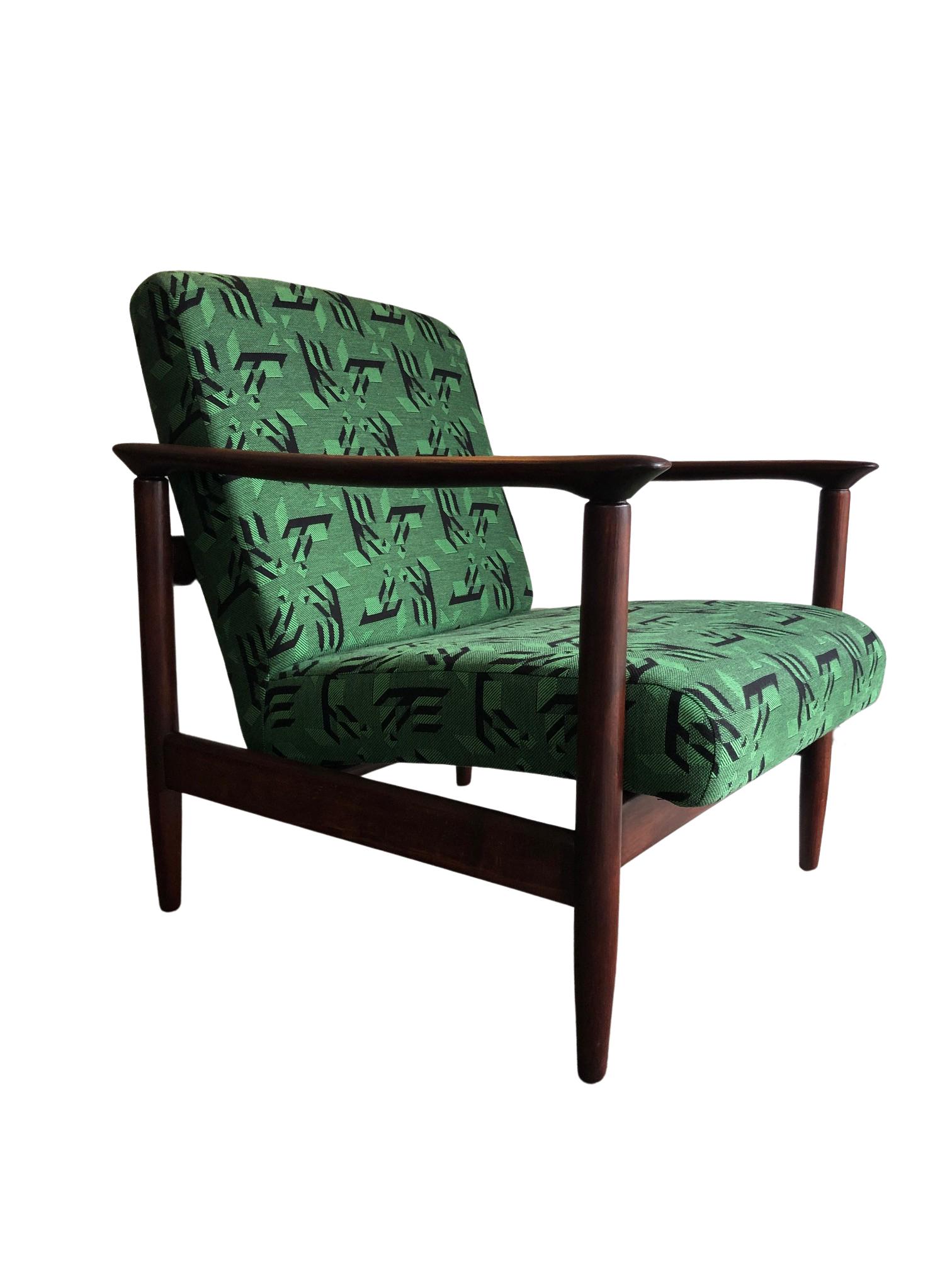 Polish Mid Century Armchairs in Green Jacquard, by Edmund Homa, 1960s, Set of Two For Sale