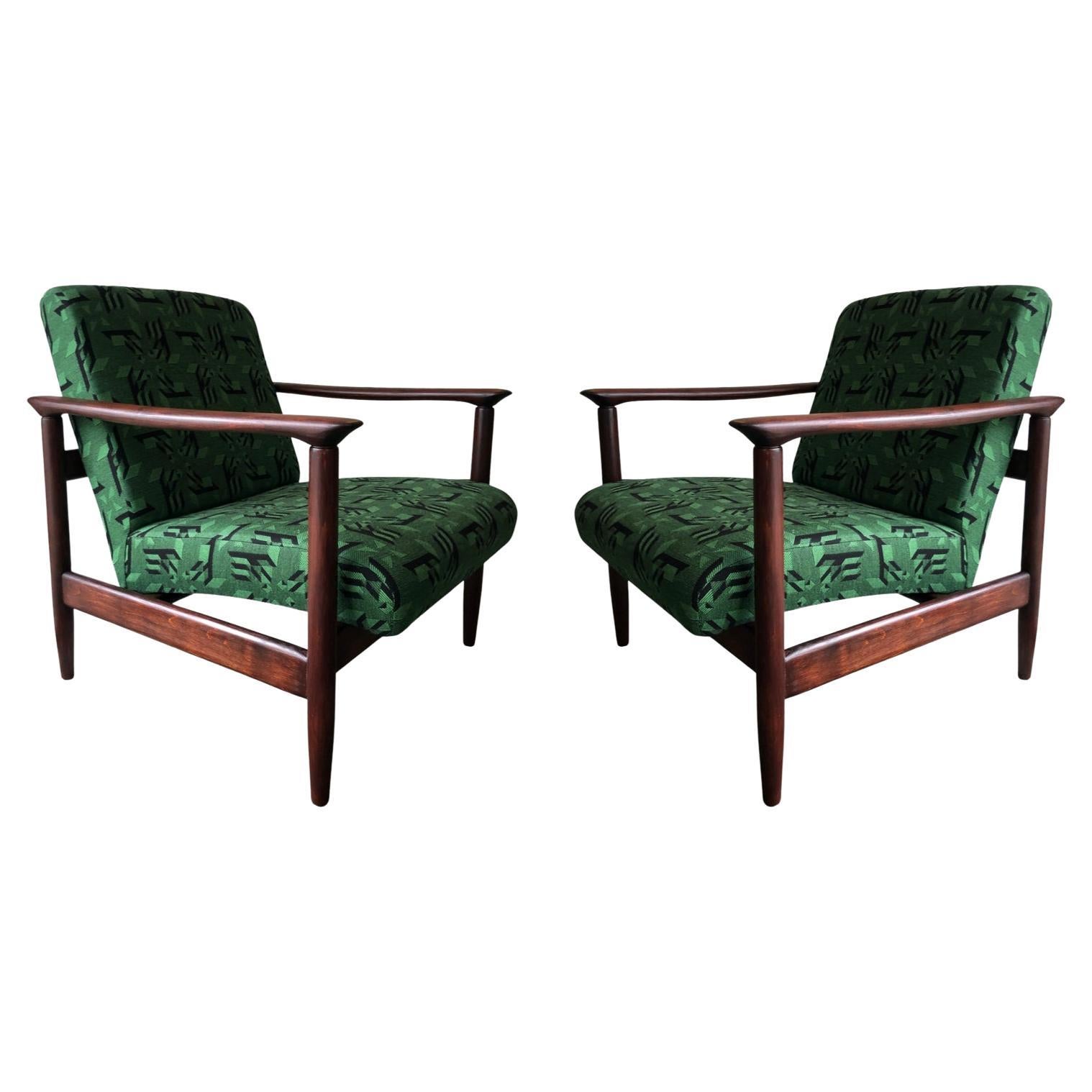 Mid Century Armchairs in Green Jacquard, by Edmund Homa, 1960s, Set of Two