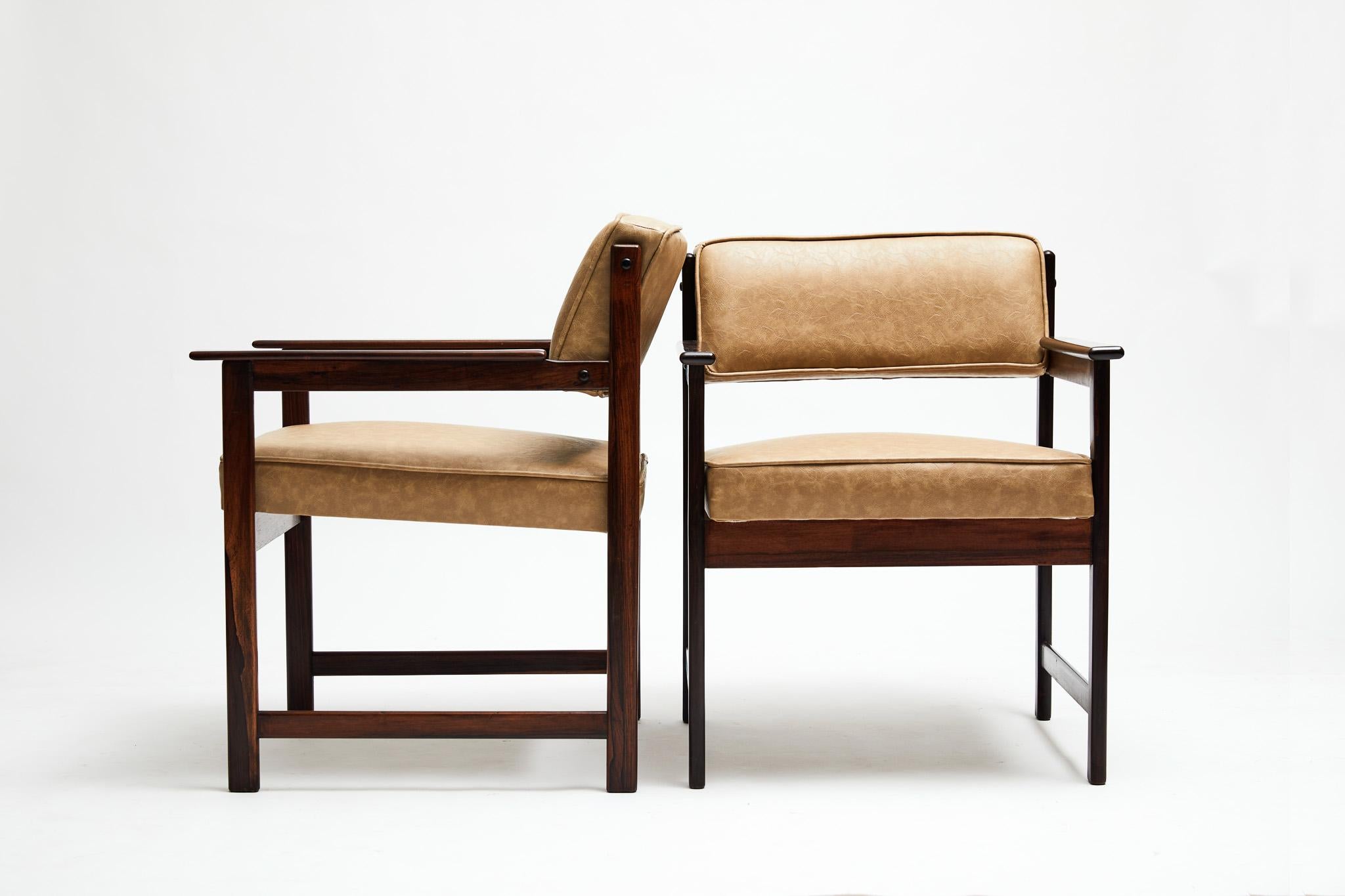 Mid-Century Modern Midcentury Modern Armchairs in Hardwood & Beige Leather by Jorge Jabour, Brazil