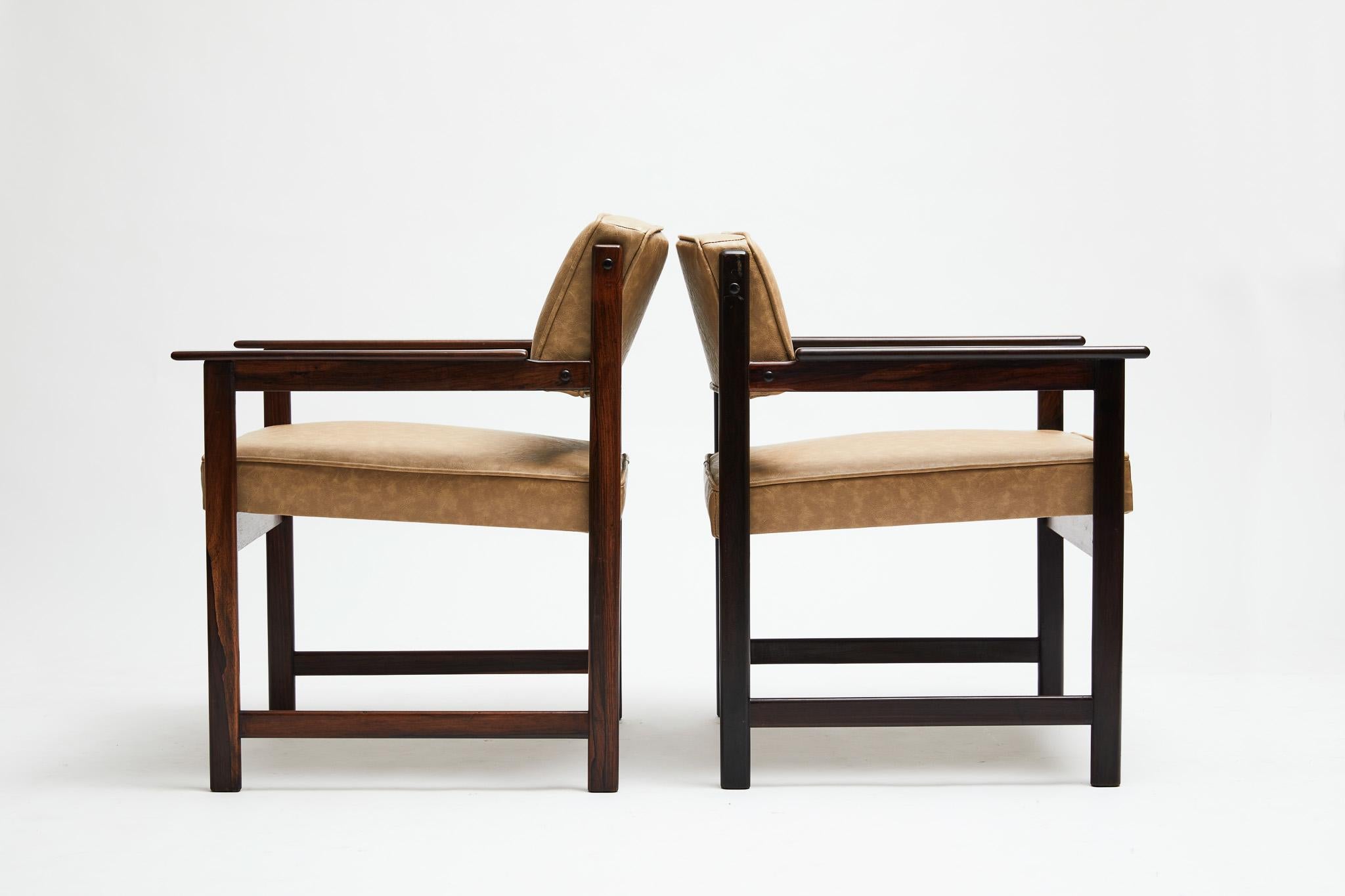 Brazilian Midcentury Modern Armchairs in Hardwood & Beige Leather by Jorge Jabour, Brazil