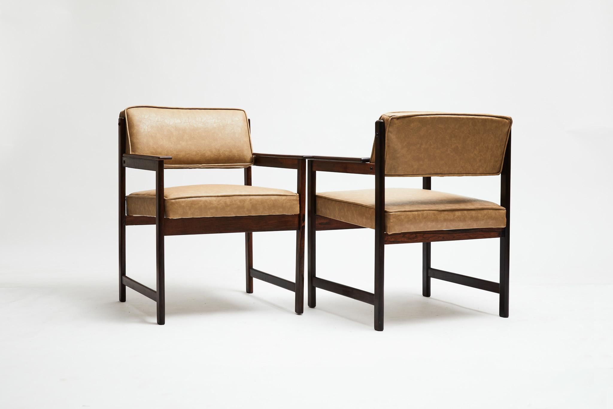 Faux Leather Midcentury Modern Armchairs in Hardwood & Beige Leather by Jorge Jabour, Brazil