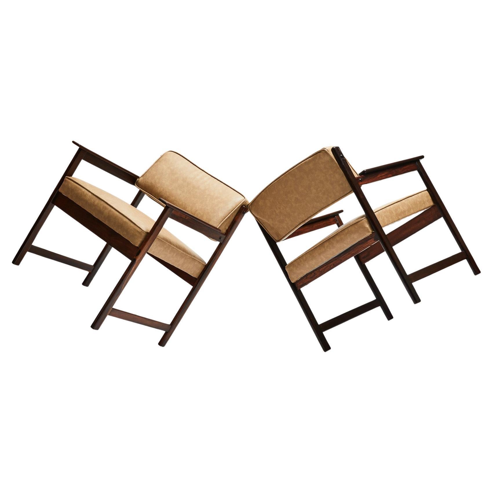 Midcentury Modern Armchairs in Hardwood & Beige Leather by Jorge Jabour, Brazil