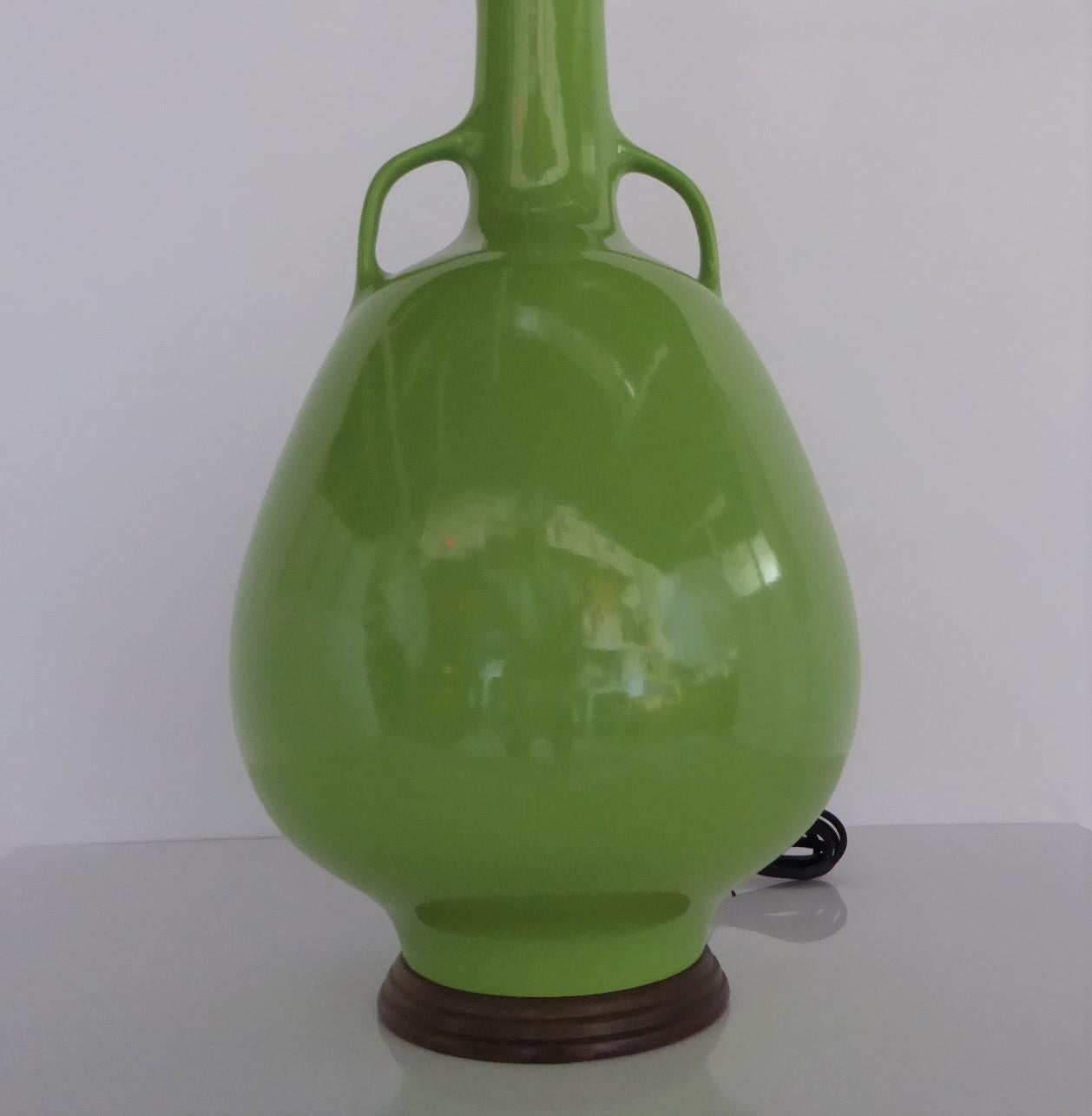 Glazed Mid Century Armed Amphora Shaped Green Ceramic Table Lamp, 1950s