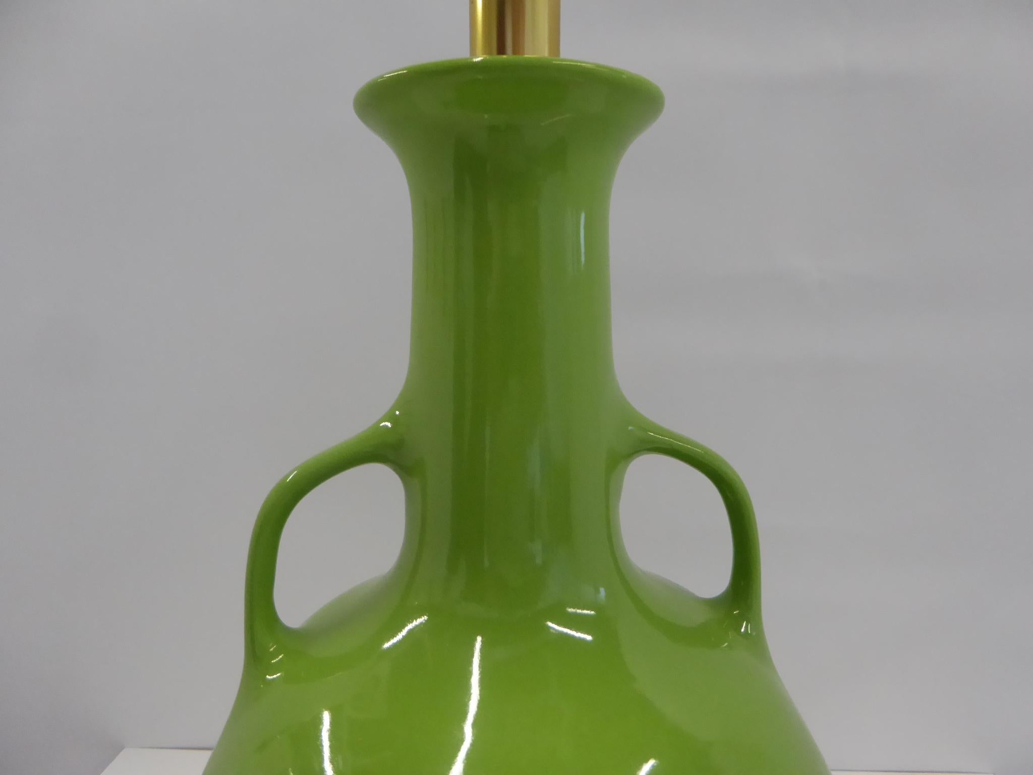 Mid-20th Century Mid Century Armed Amphora Shaped Green Ceramic Table Lamp, 1950s