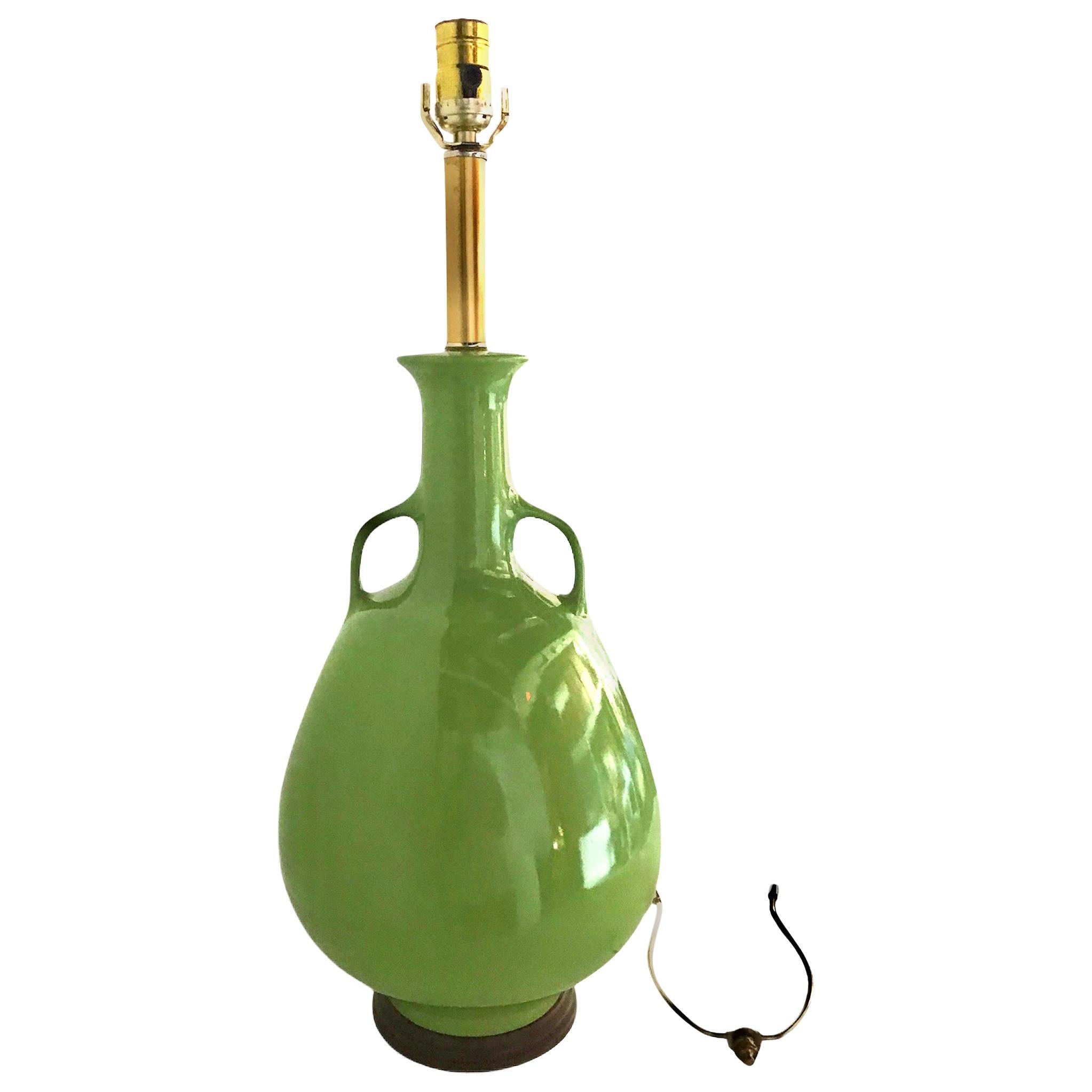 Mid Century Armed Amphora Shaped Green Ceramic Table Lamp, 1950s