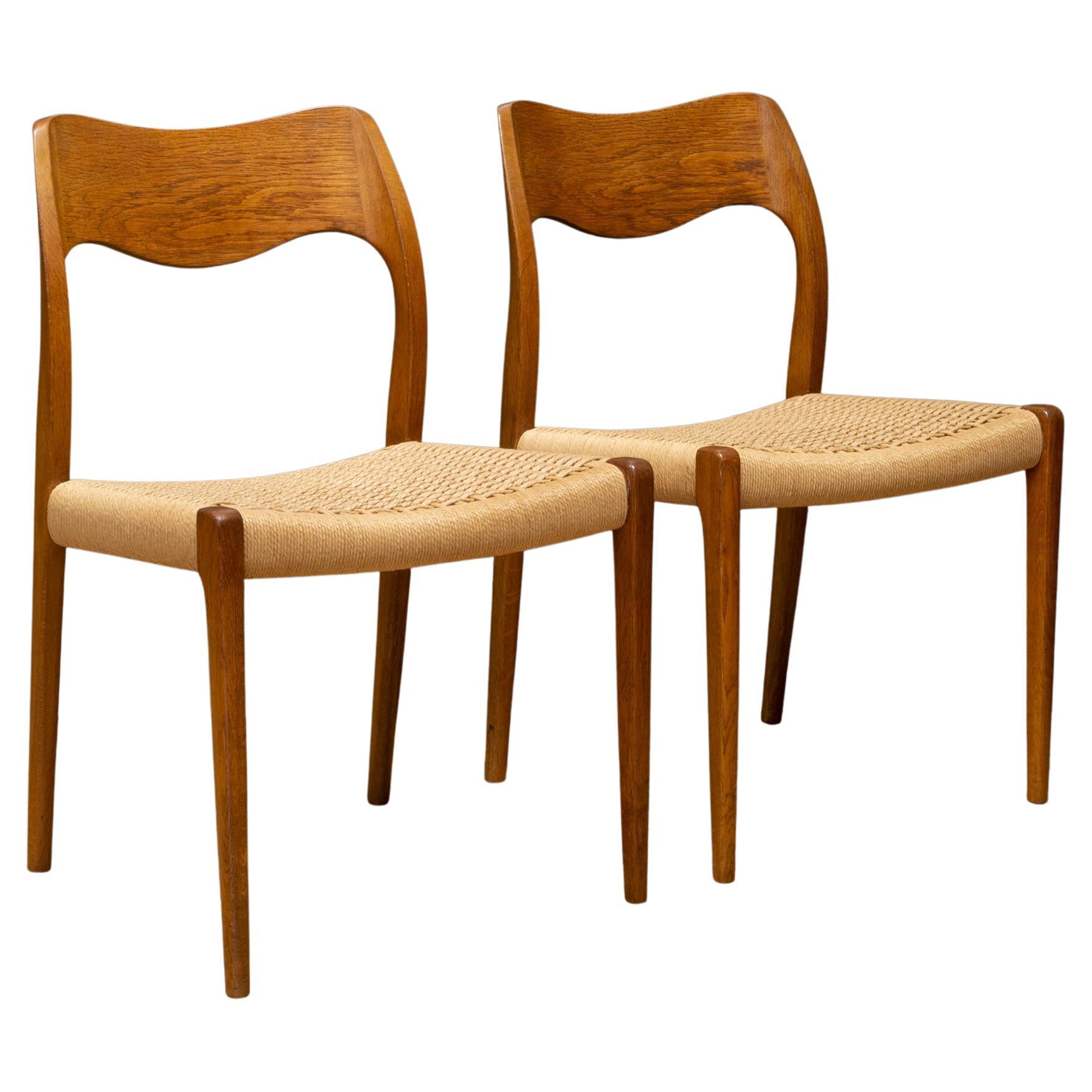 Pair Mid-century Niels Otto Moller Model #71 Teak and Rush Dining Chairs c.1960