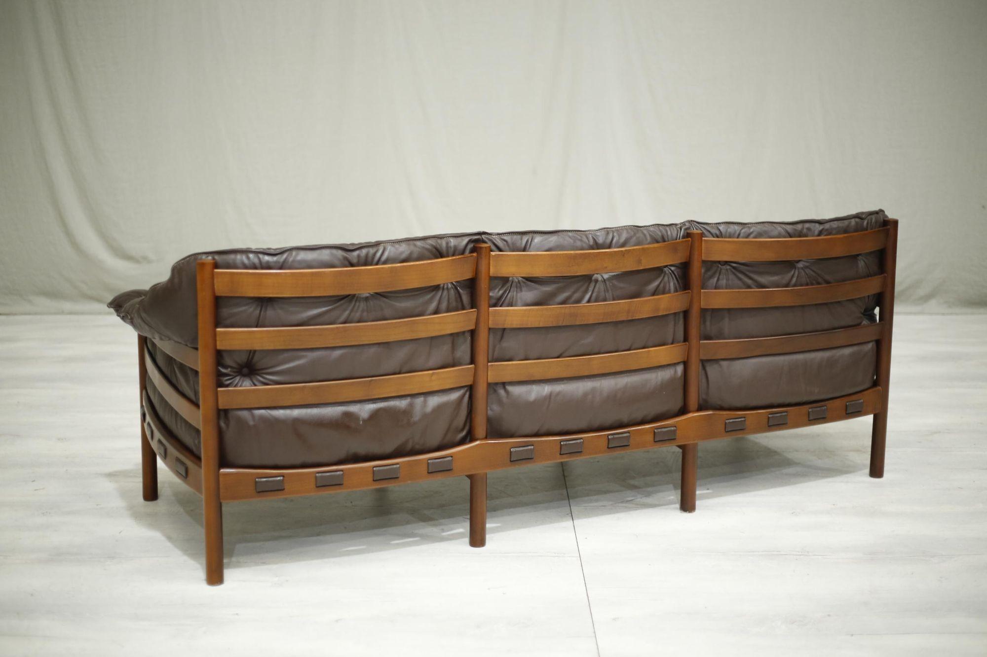 Mid Century Arne Norell Brown Leather and Teak Sofa 8