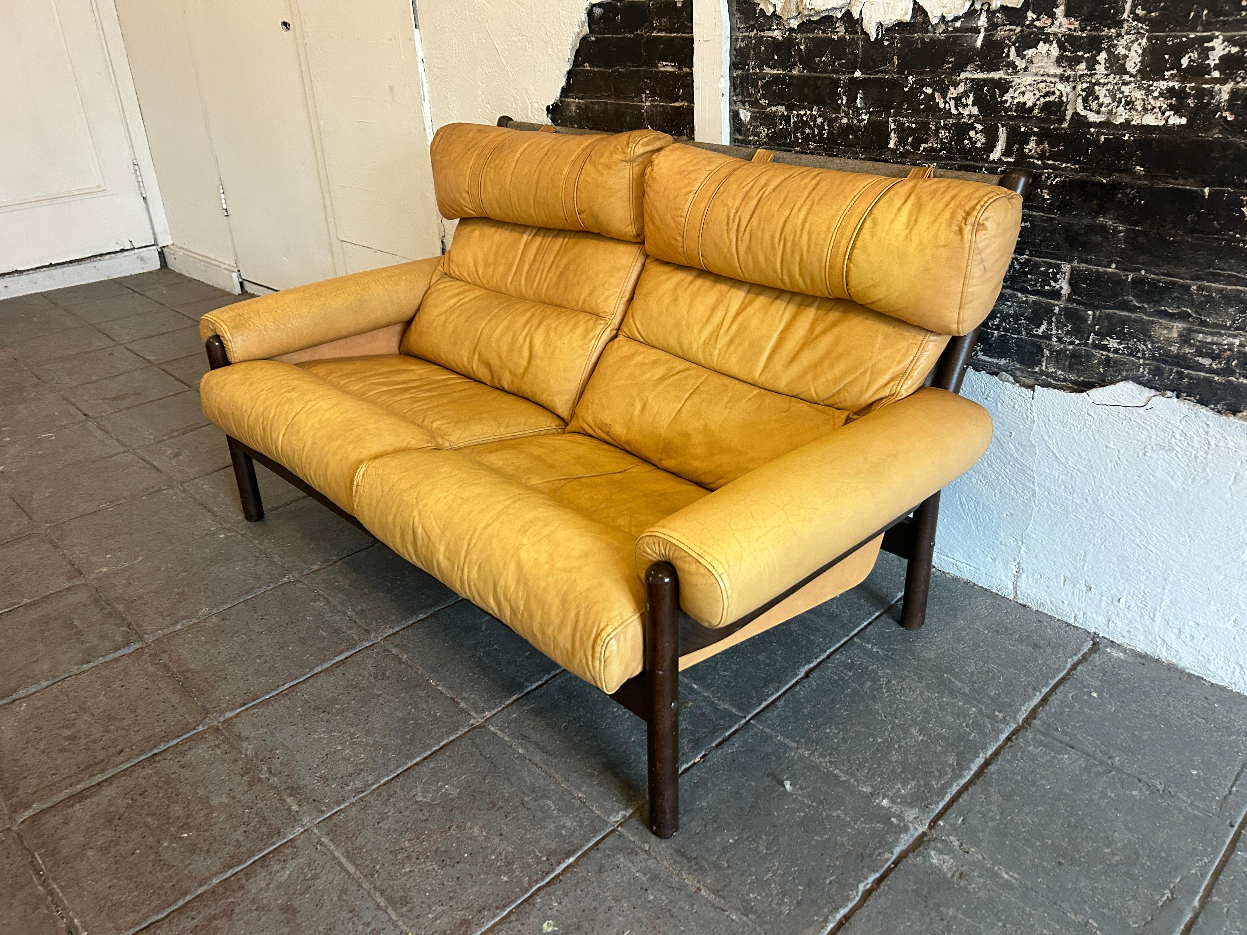 Mid-Century Modern Mid Century Arne Norell Style Leather Sling Safari Sofa Loveseat