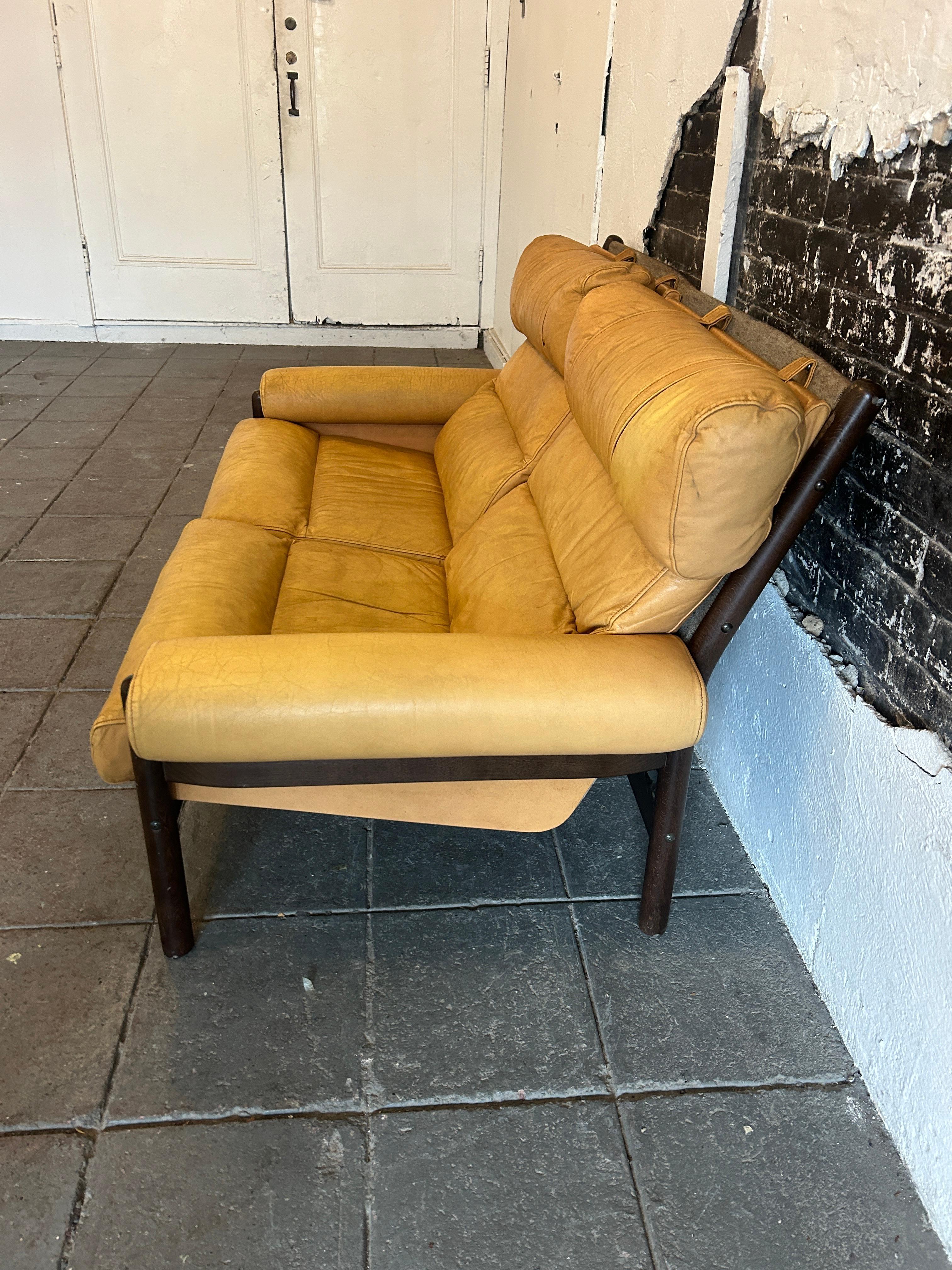 Swedish Mid Century Arne Norell Style Leather Sling Safari Sofa Loveseat