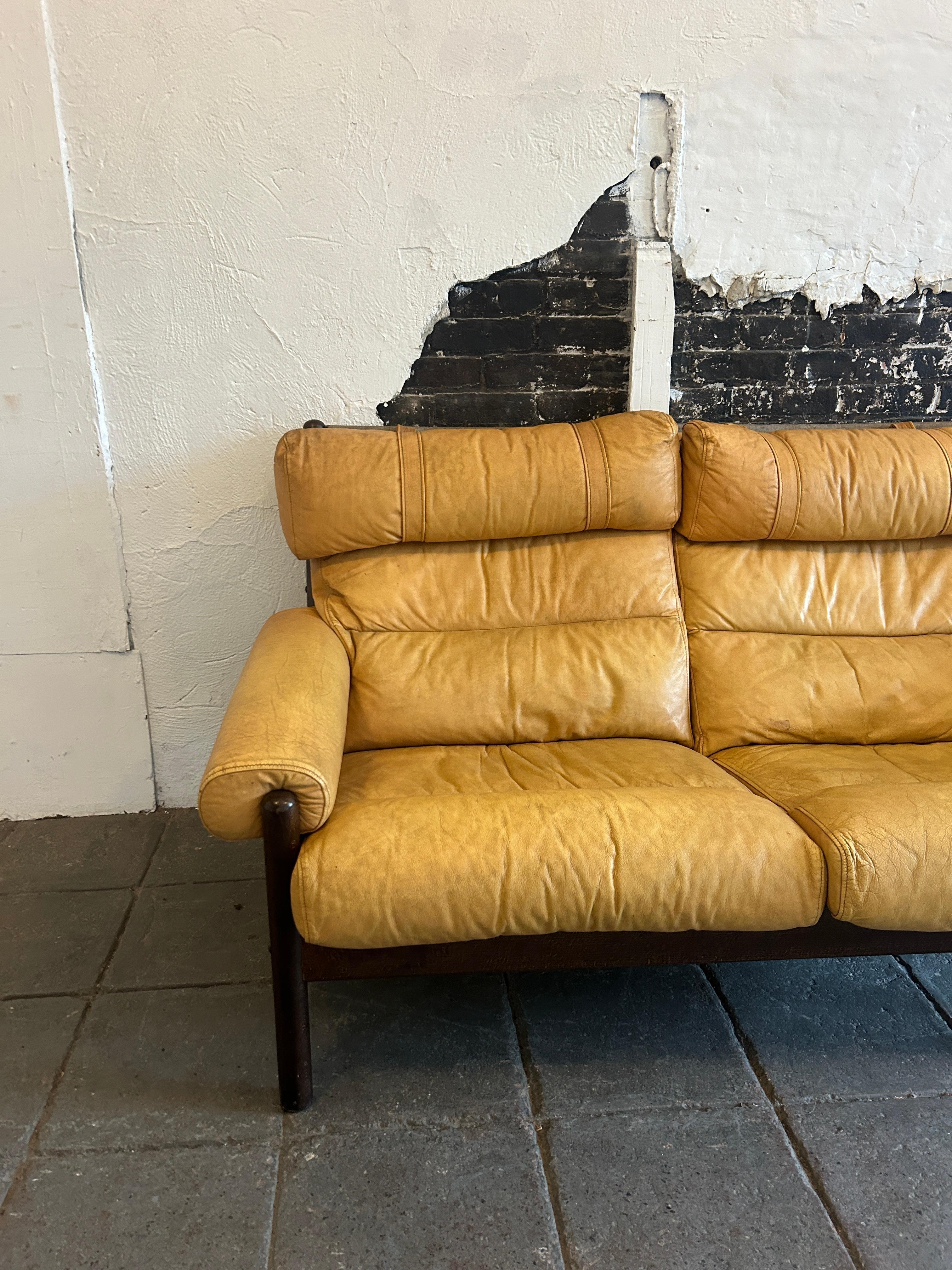 Woodwork Mid Century Arne Norell Style Leather Sling Safari Sofa Loveseat