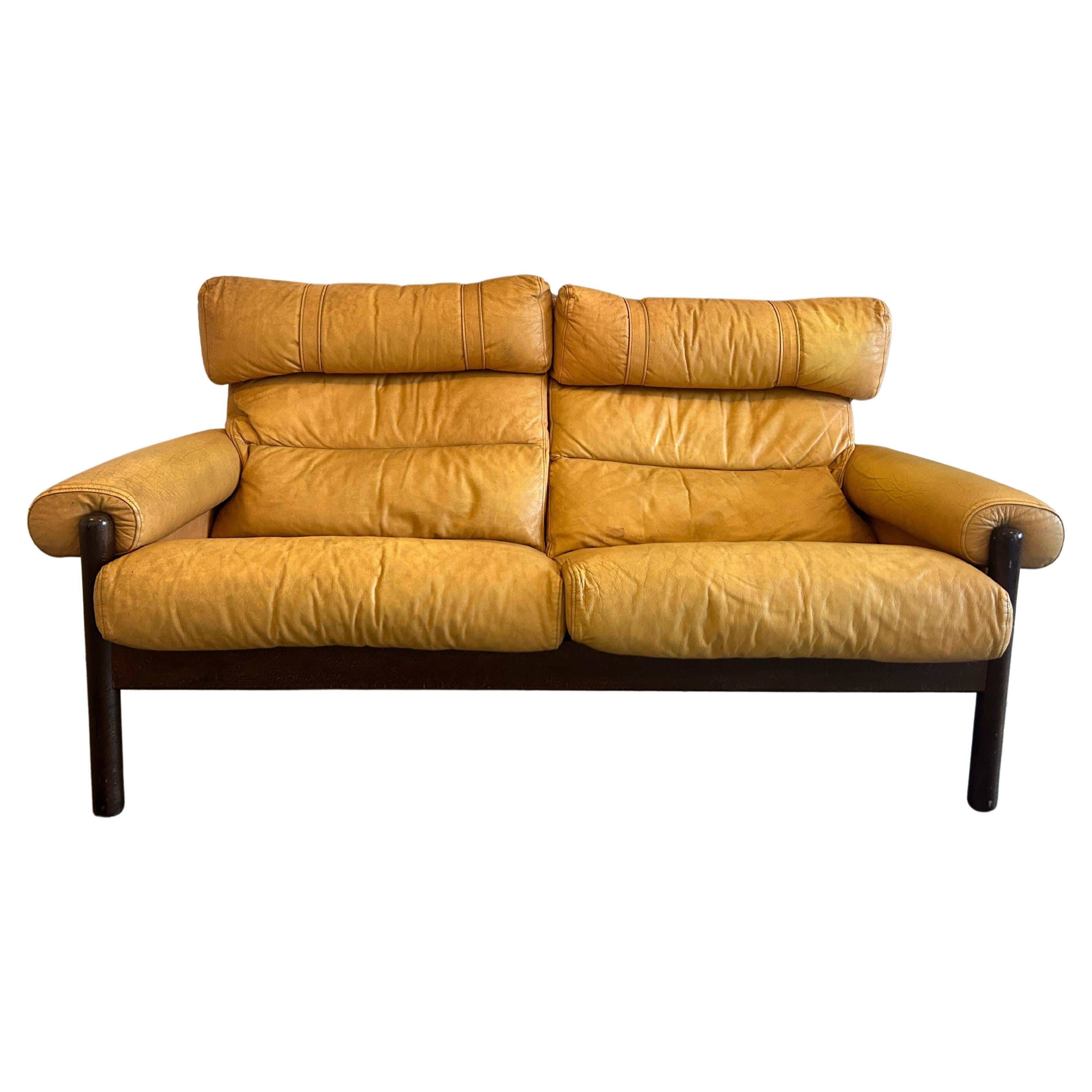 Mid Century Arne Norell Style Leather Sling Safari Sofa Loveseat