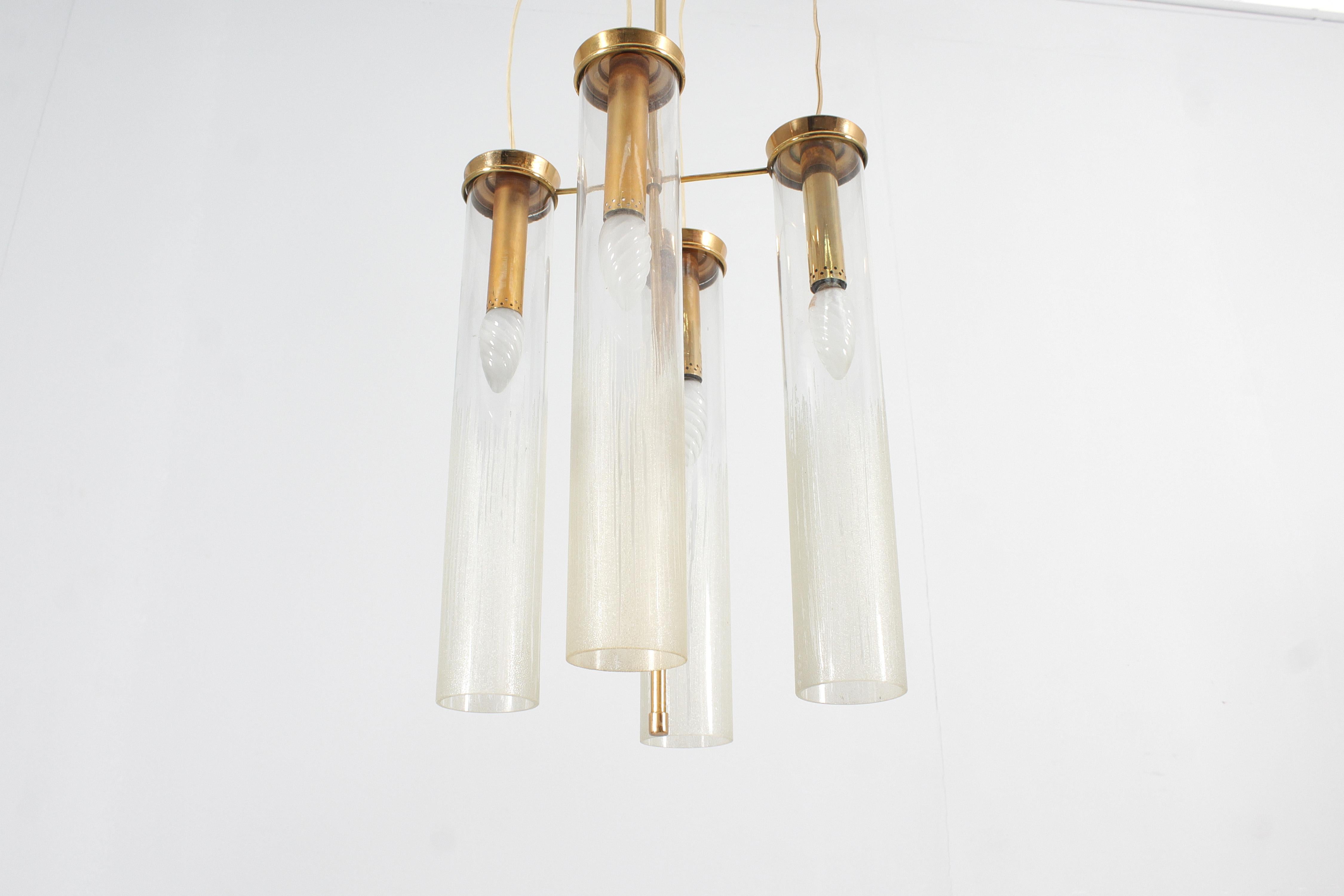 Mid-Century Arredoluce Monza (attr.) Brass and Glass Suspension Lamp 60s Italy In Good Condition For Sale In Palermo, IT