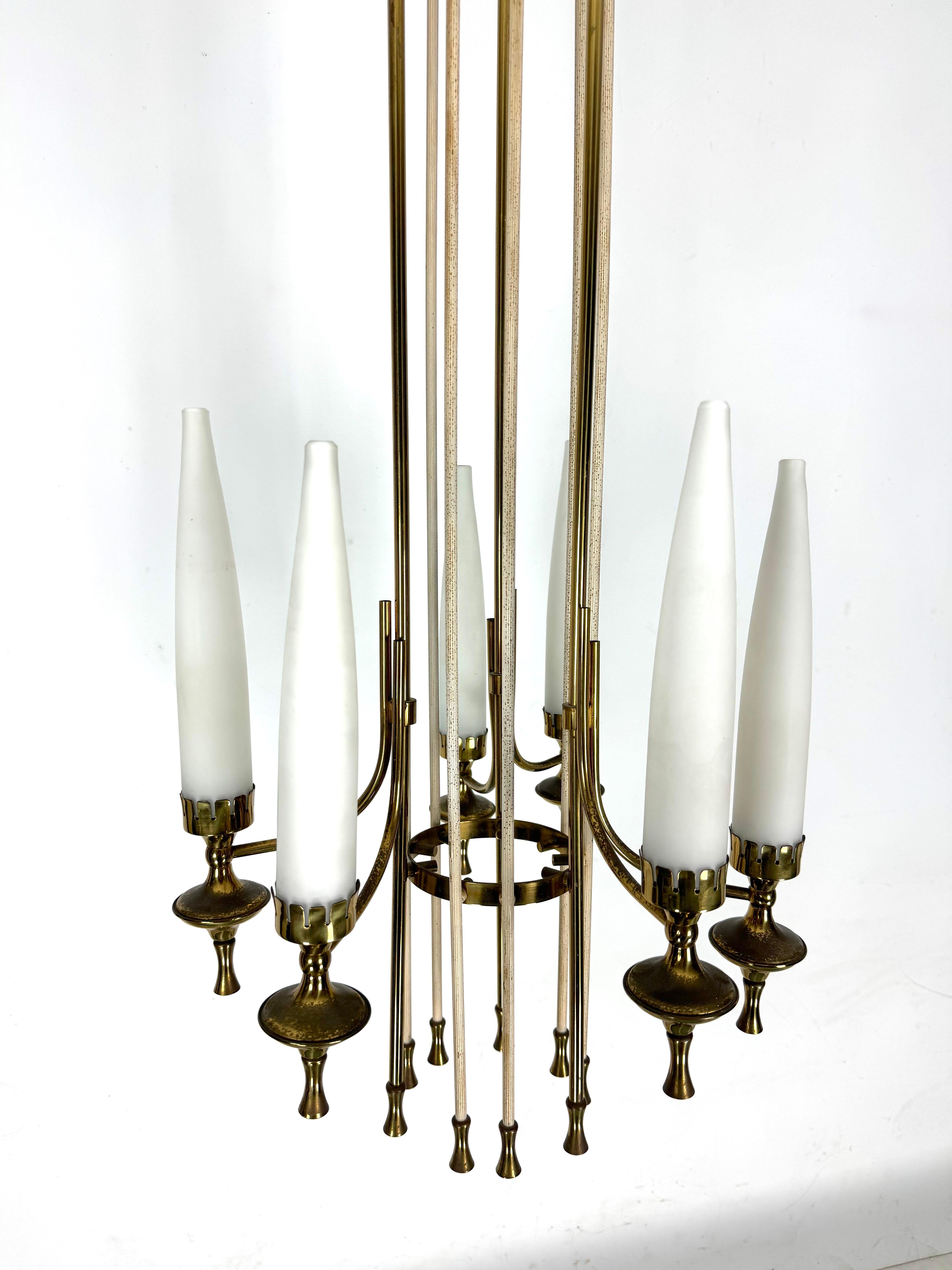 Mid-Century Arredoluce Monza brass and six opaline glasses chandelier. Italy  For Sale 3