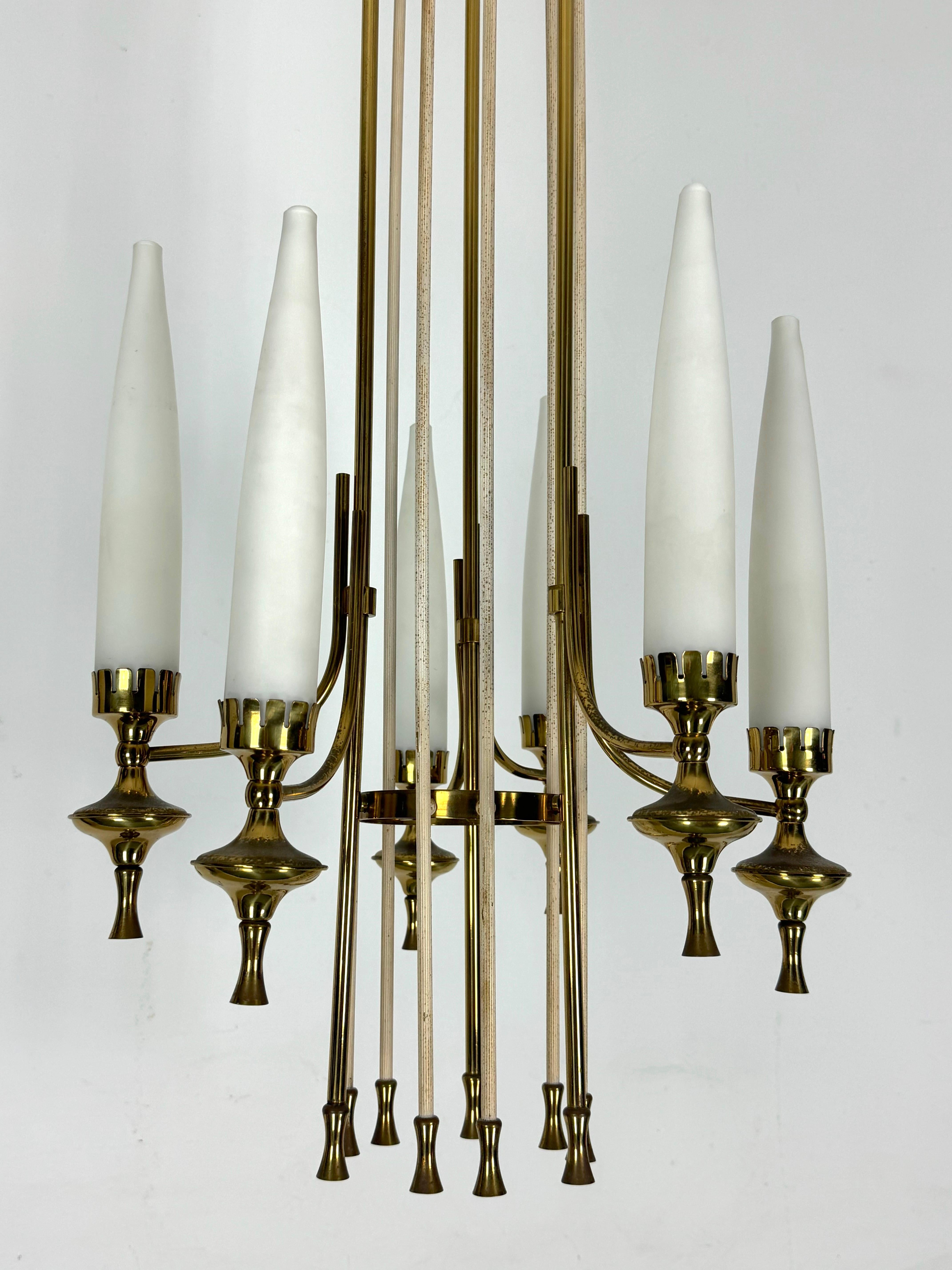 Mid-Century Arredoluce Monza brass and six opaline glasses chandelier. Italy  For Sale 5