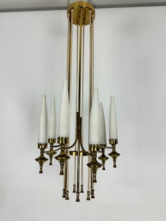 Mid-Century Arredoluce Monza brass and six opaline glasses chandelier. Italy