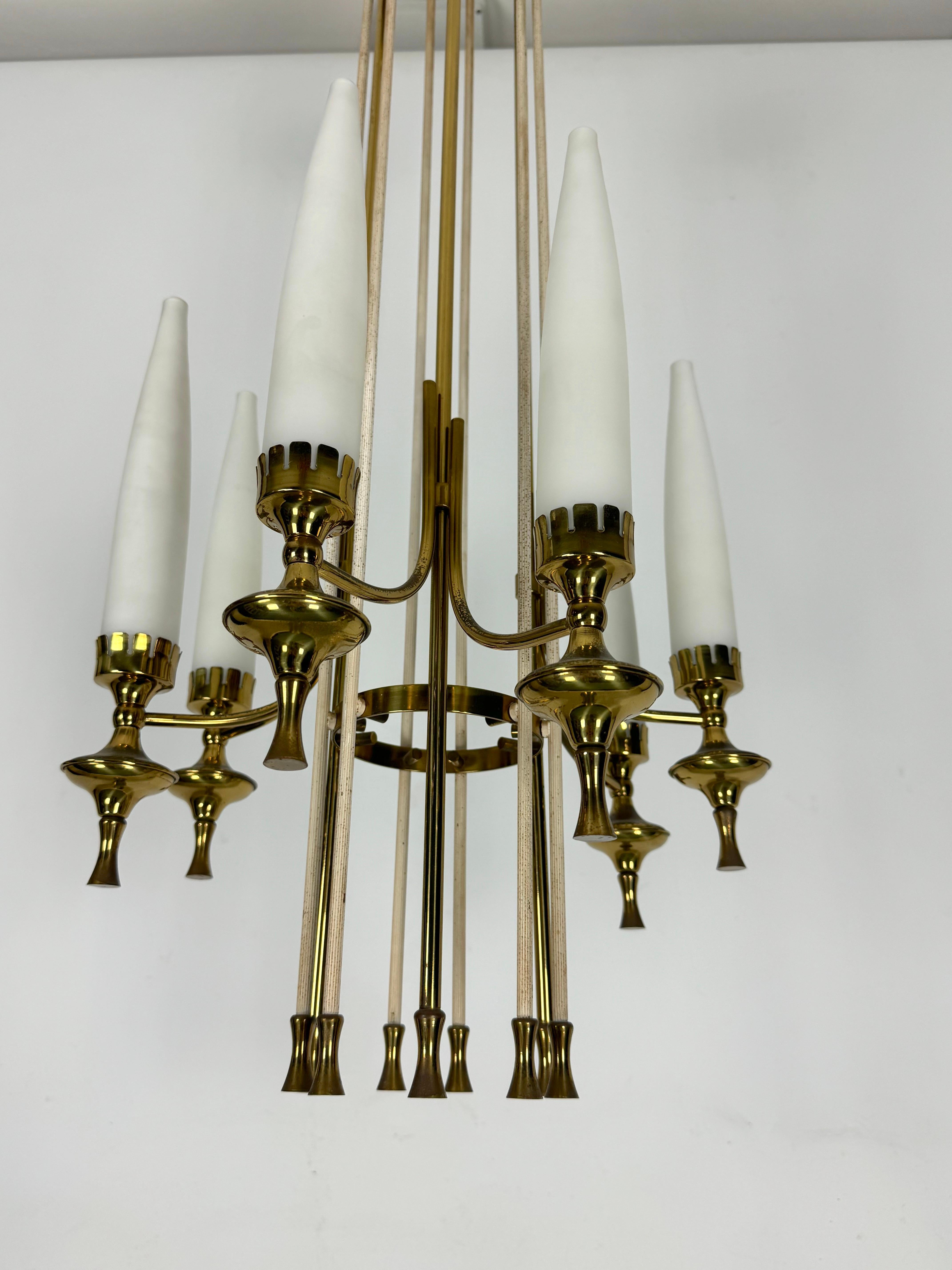Mid-Century Modern Mid-Century Arredoluce Monza brass and six opaline glasses chandelier. Italy  For Sale