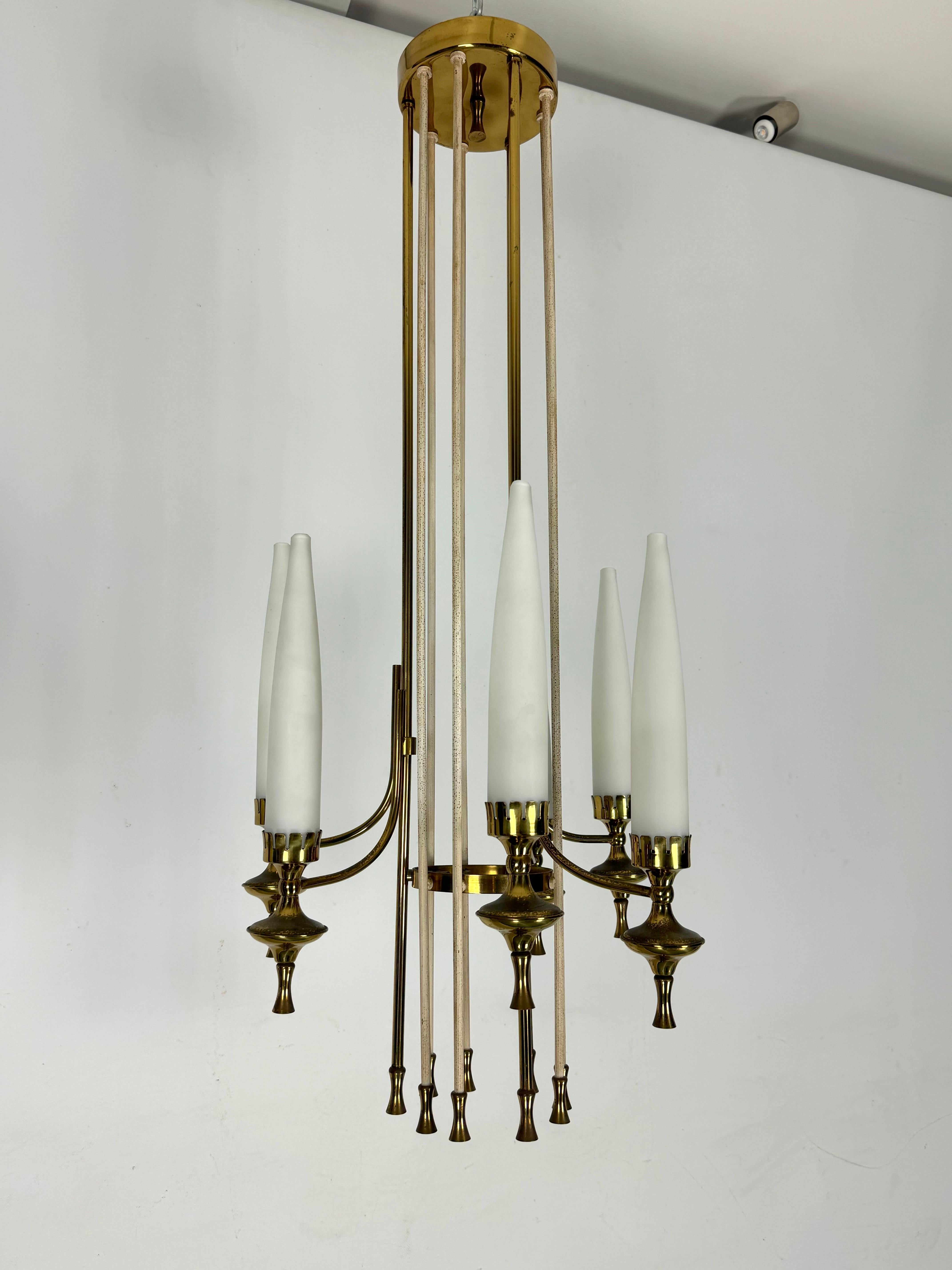 Italian Mid-Century Arredoluce Monza brass and six opaline glasses chandelier. Italy  For Sale