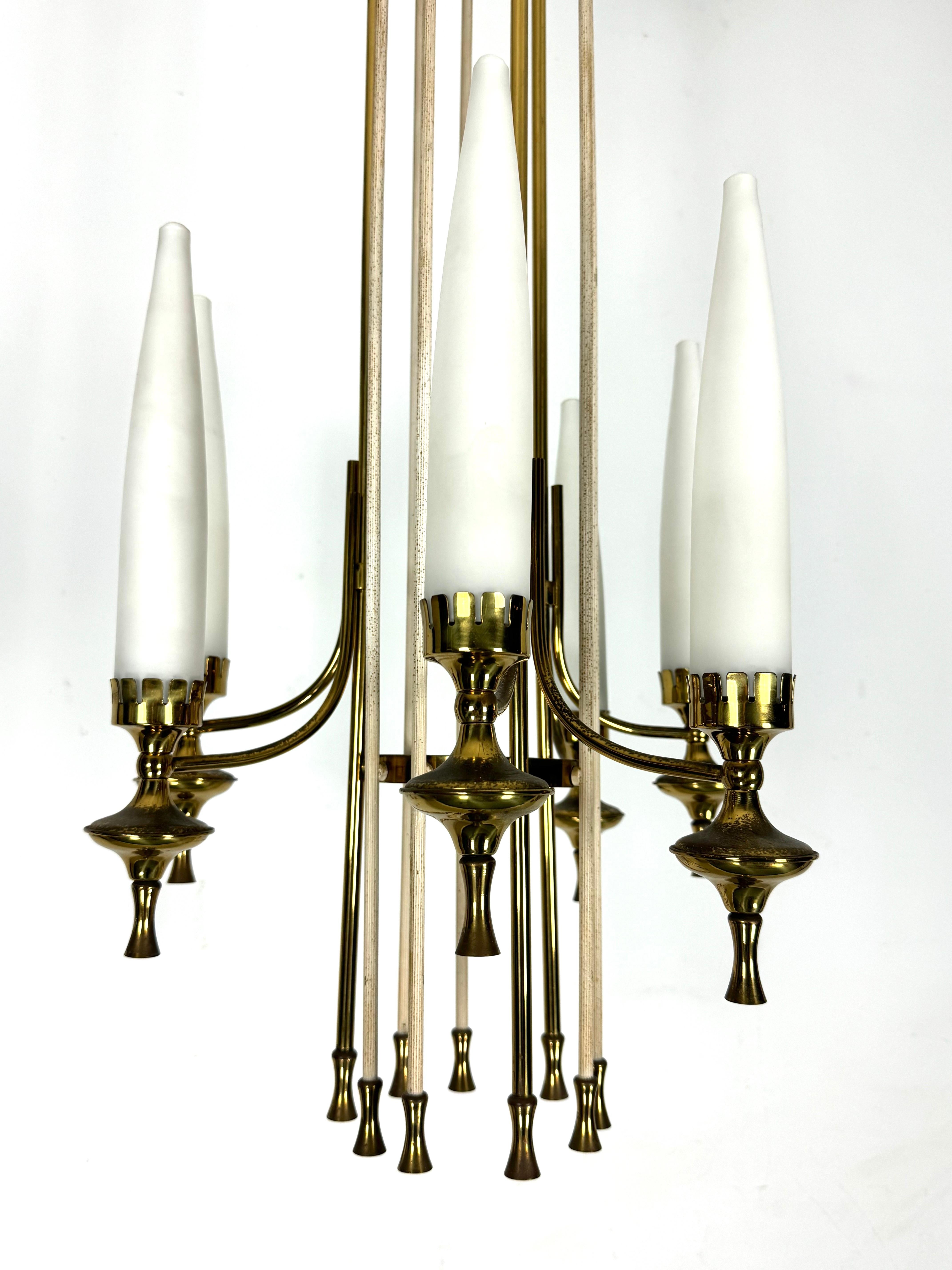 20th Century Mid-Century Arredoluce Monza brass and six opaline glasses chandelier. Italy  For Sale
