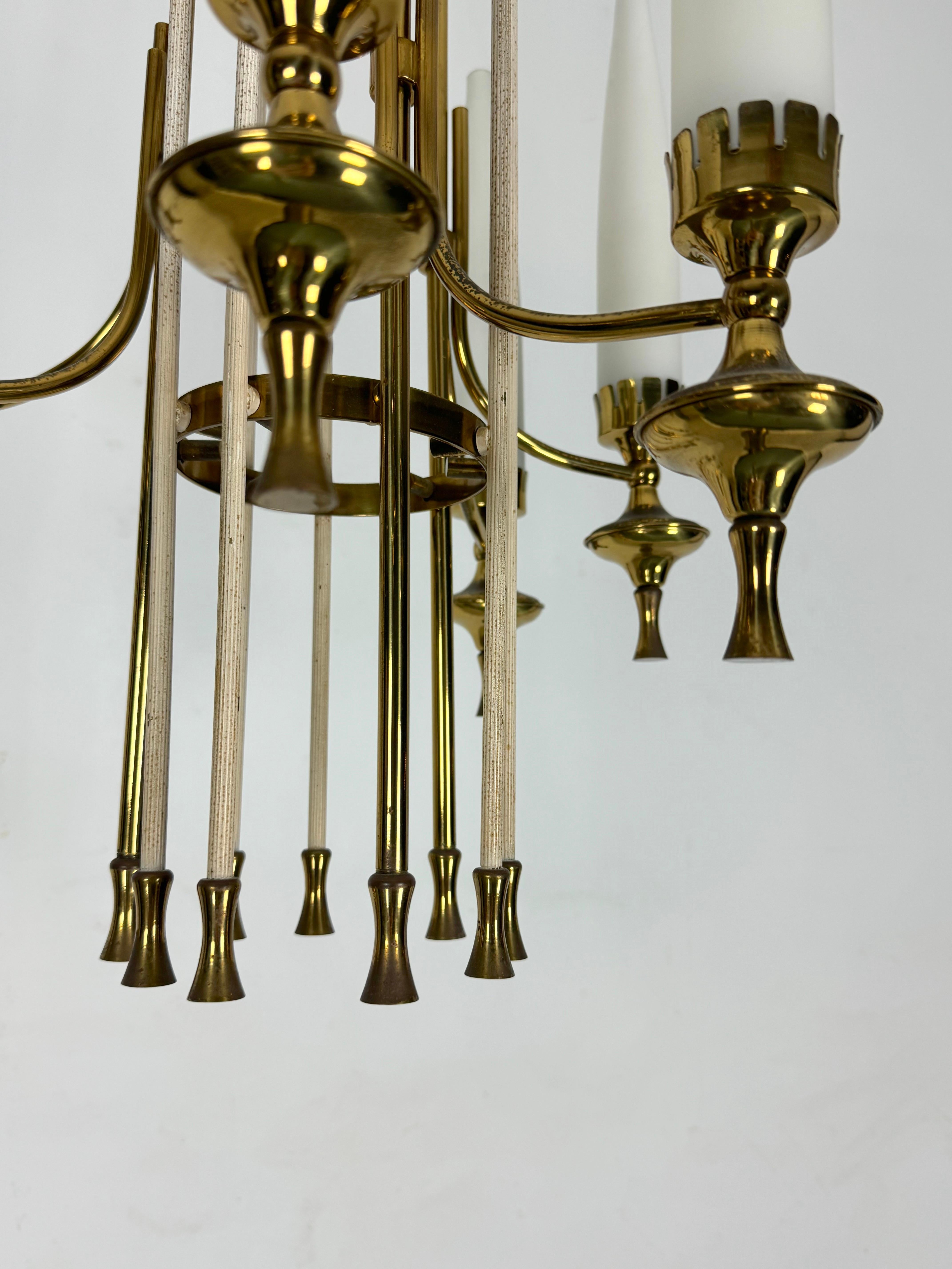 Brass Mid-Century Arredoluce Monza brass and six opaline glasses chandelier. Italy  For Sale
