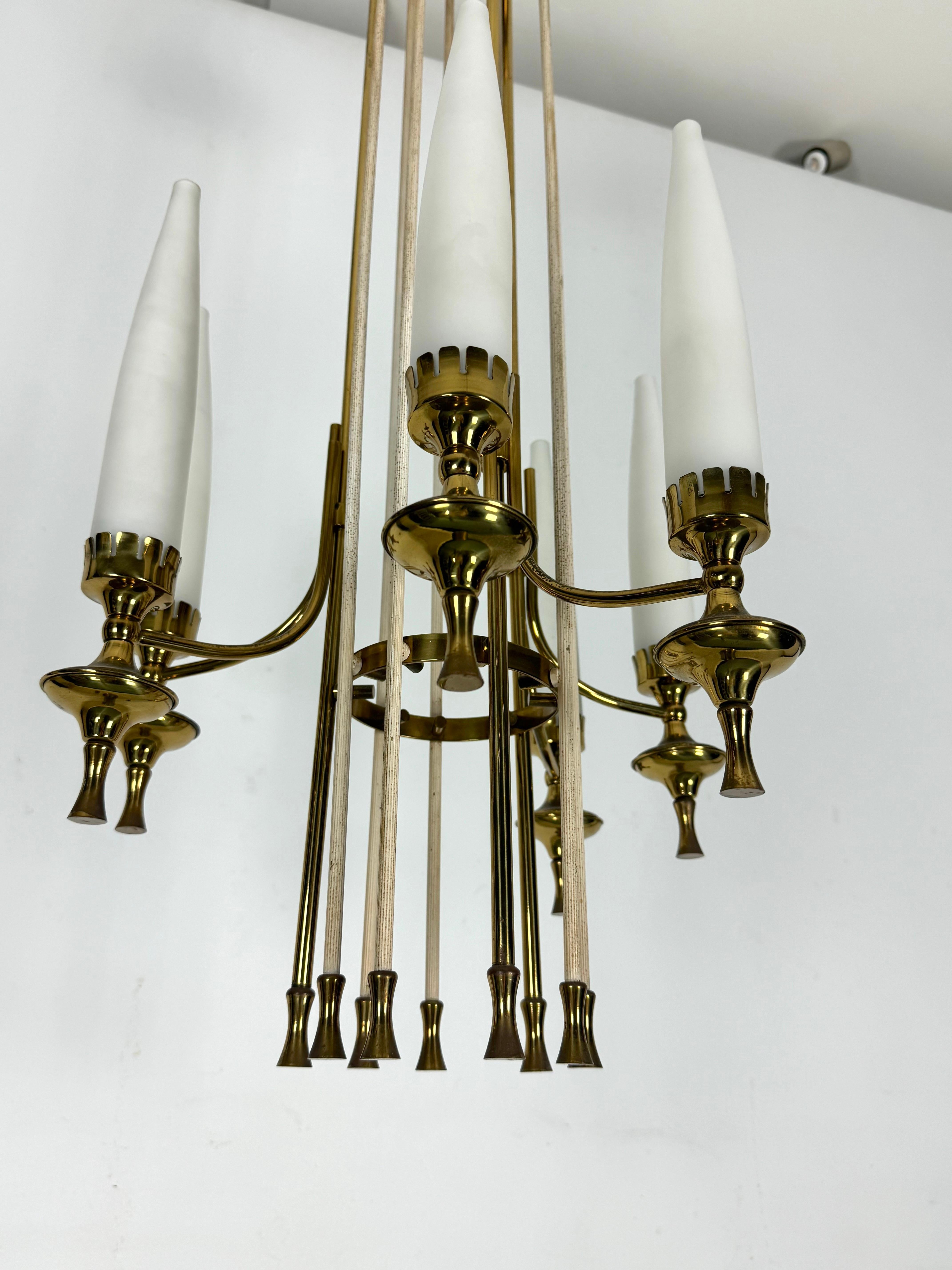 Mid-Century Arredoluce Monza brass and six opaline glasses chandelier. Italy  For Sale 1