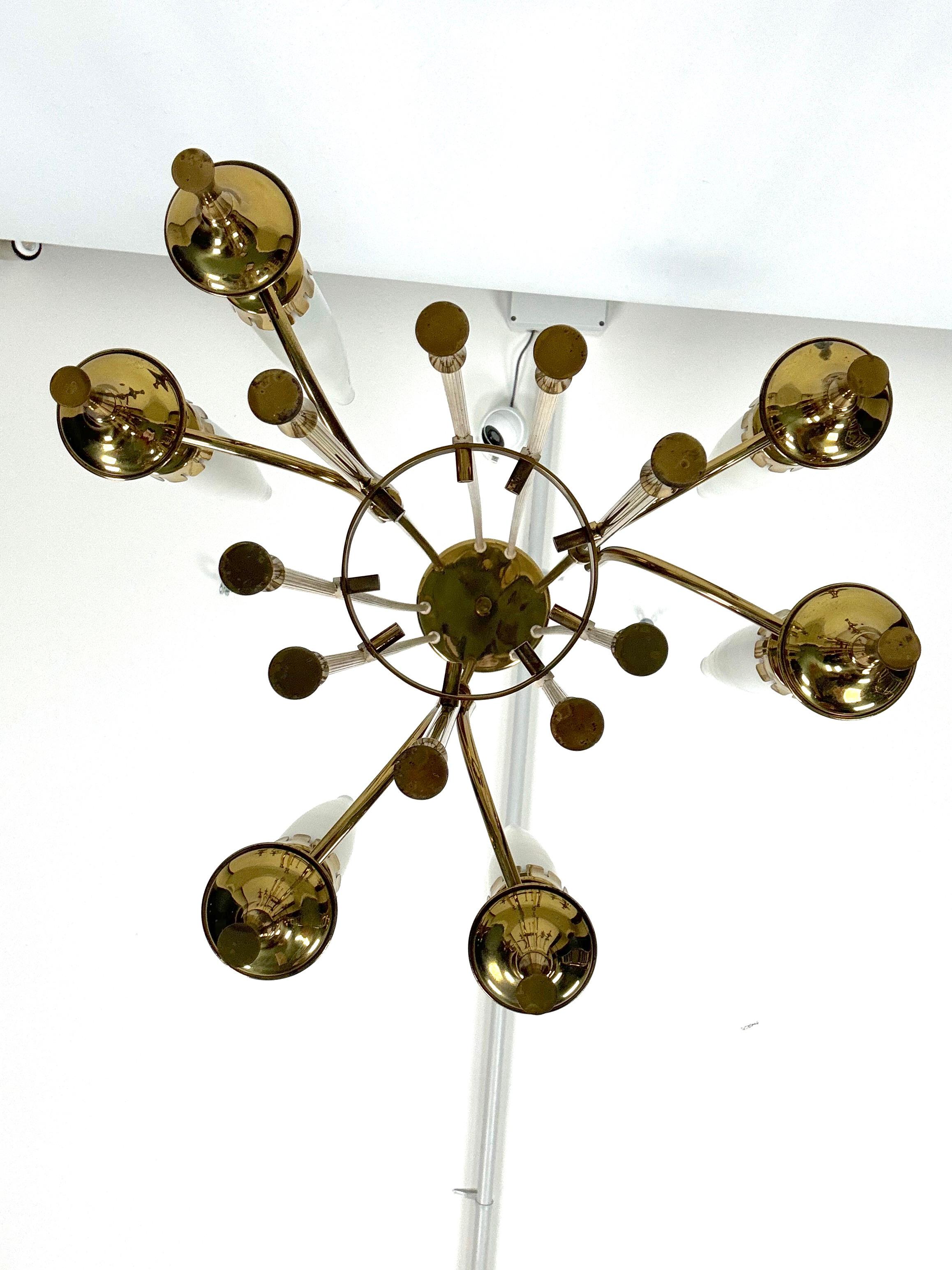 Mid-Century Arredoluce Monza brass and six opaline glasses chandelier. Italy  For Sale 2