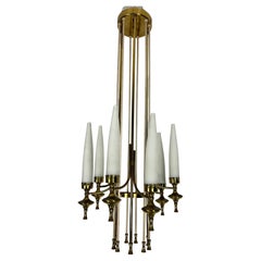 Mid-Century Arredoluce Monza brass and six opaline glasses chandelier. Italy 