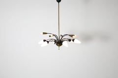 Mid-Century Arredoluce Style 12-Arm Brass Chandelier with Milk Glass Shades