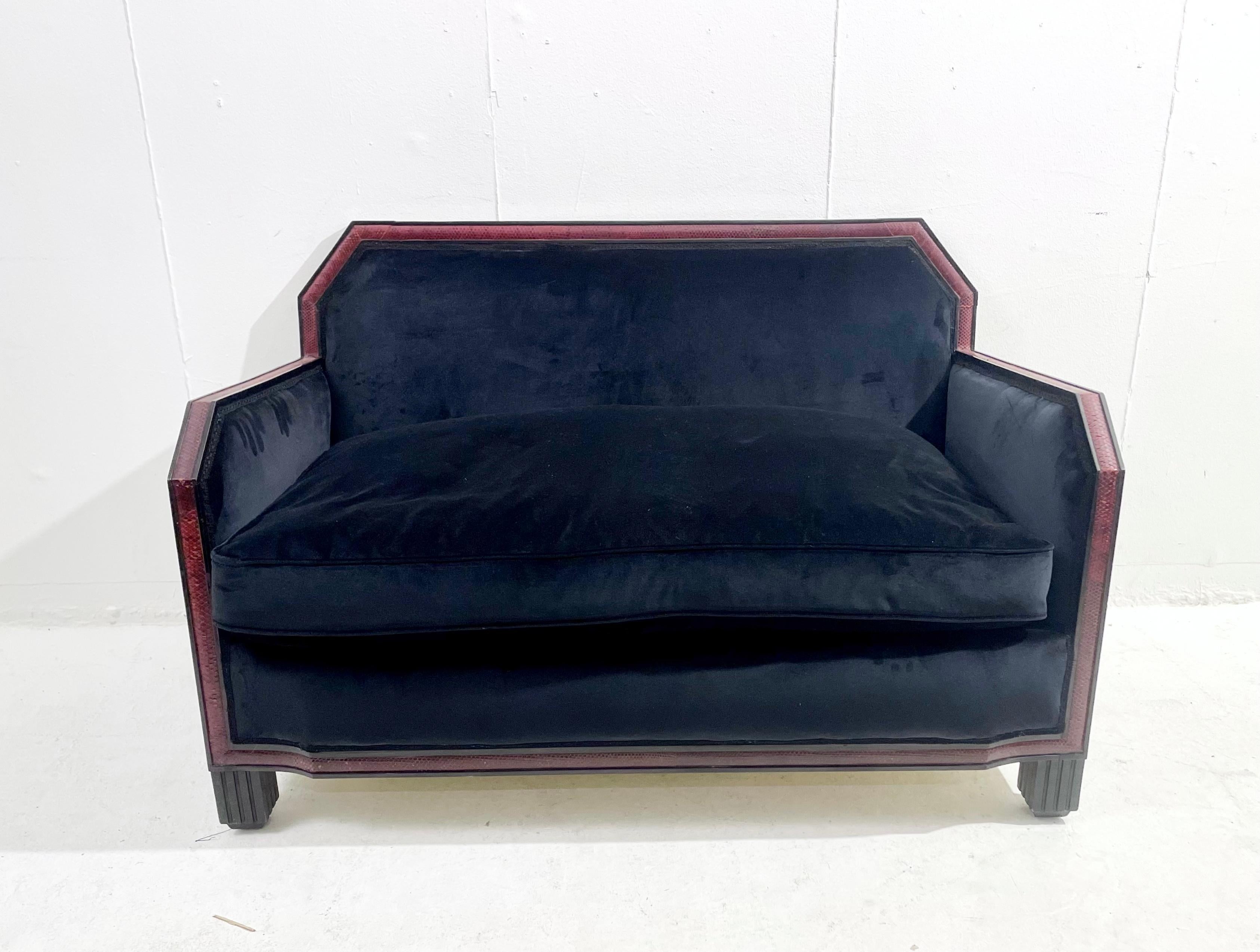 Belgian Mid-Century Art Deco Black Velvet and Red Snake Skin Sofa and Armchairs Set