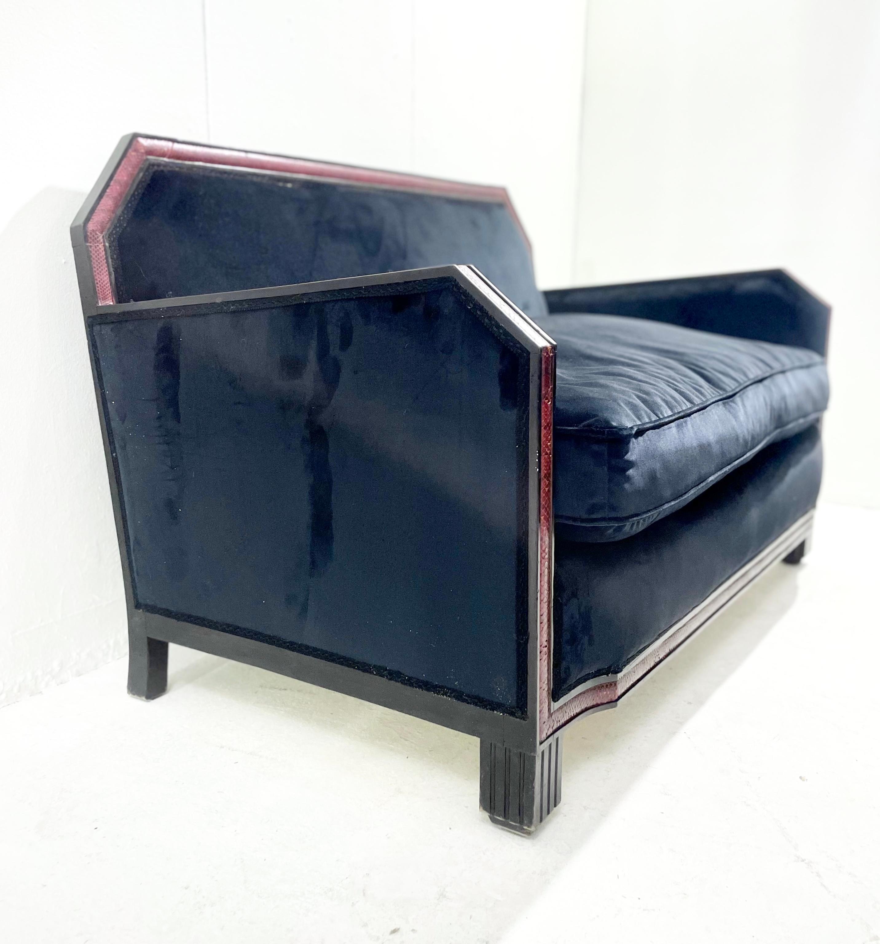 Mid-Century Art Deco Black Velvet and Red Snake Skin Sofa and Armchairs Set 1