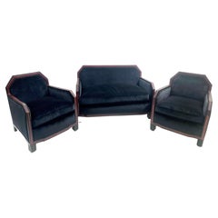 Vintage Mid-Century Art Deco Black Velvet and Red Snake Skin Sofa and Armchairs Set