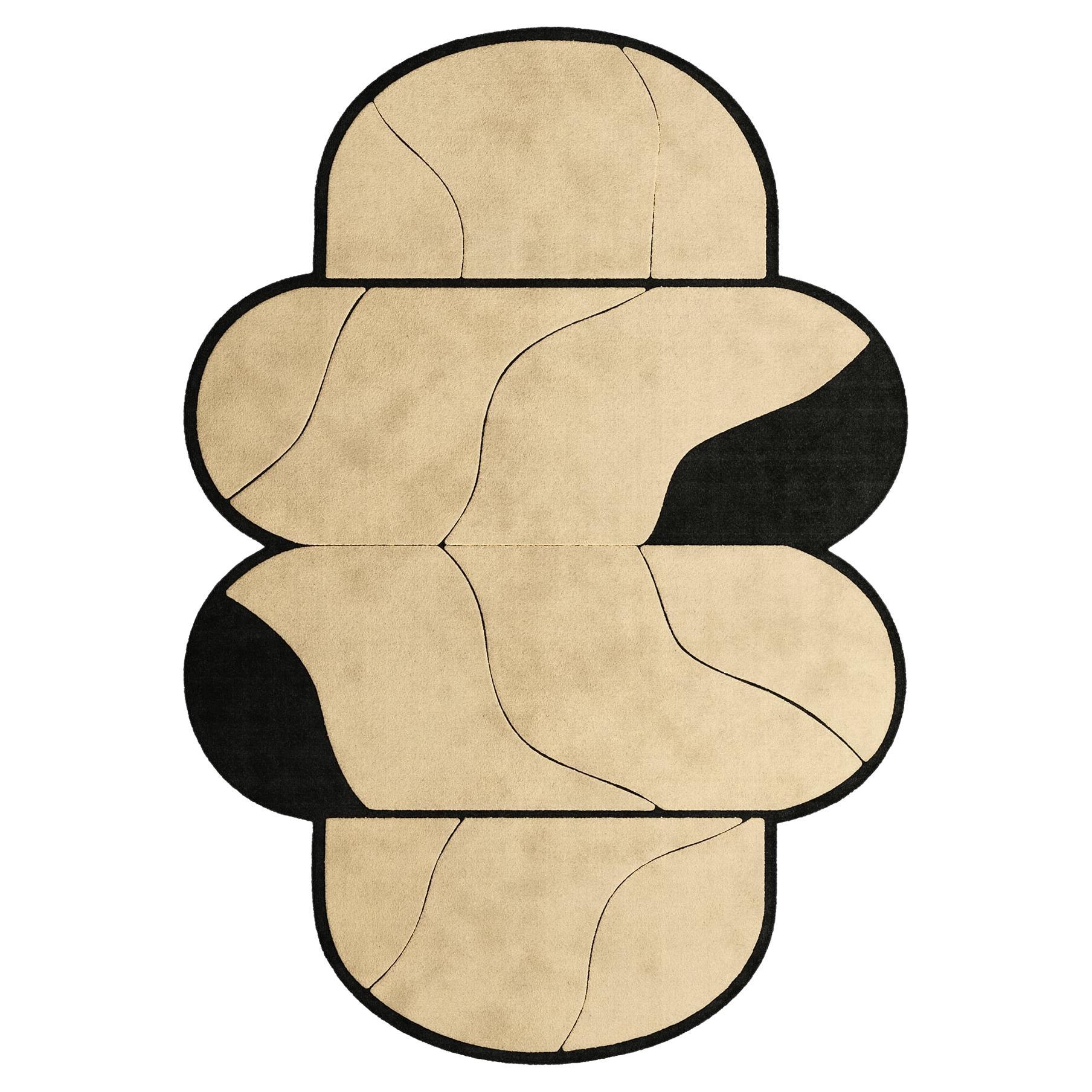 Moderner handgetufteter geometrischer Teppich im Memphis-Design-Stil, Pastell, Beige & Schwarz