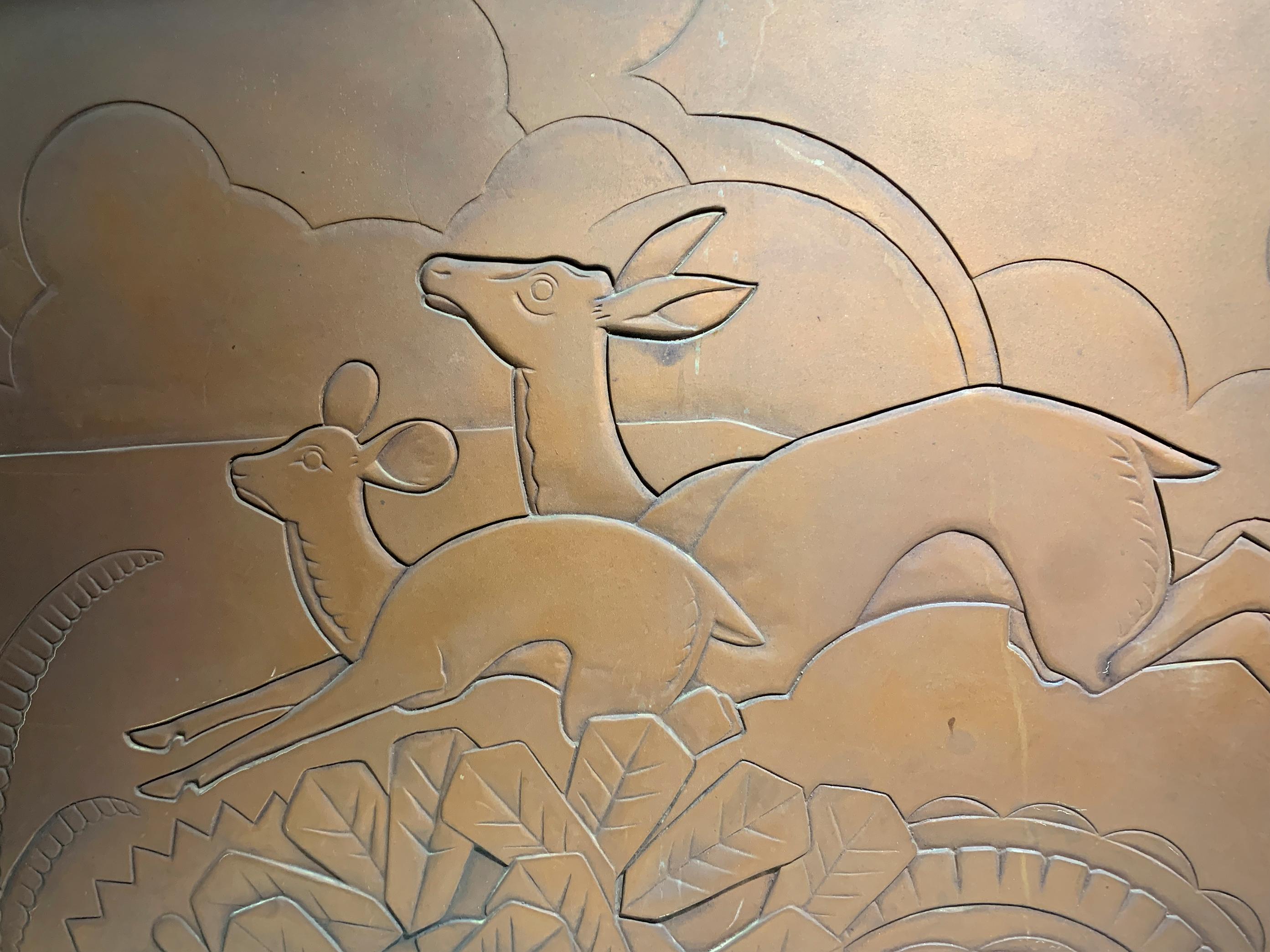 Mid Century Art Deco Engraved Wood Panel with a bronzed metallic finish For Sale 5
