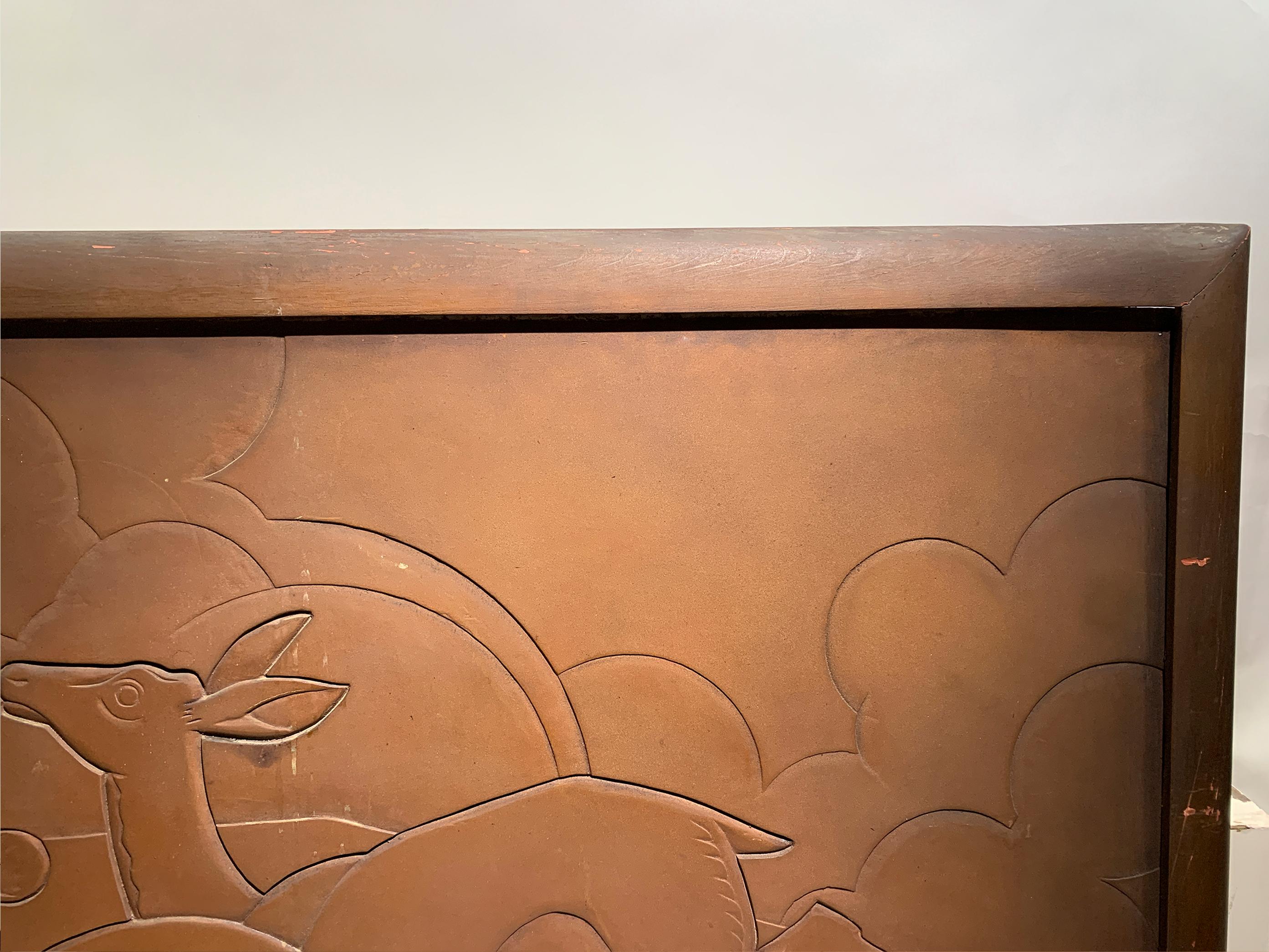 French Mid Century Art Deco Engraved Wood Panel with a bronzed metallic finish For Sale