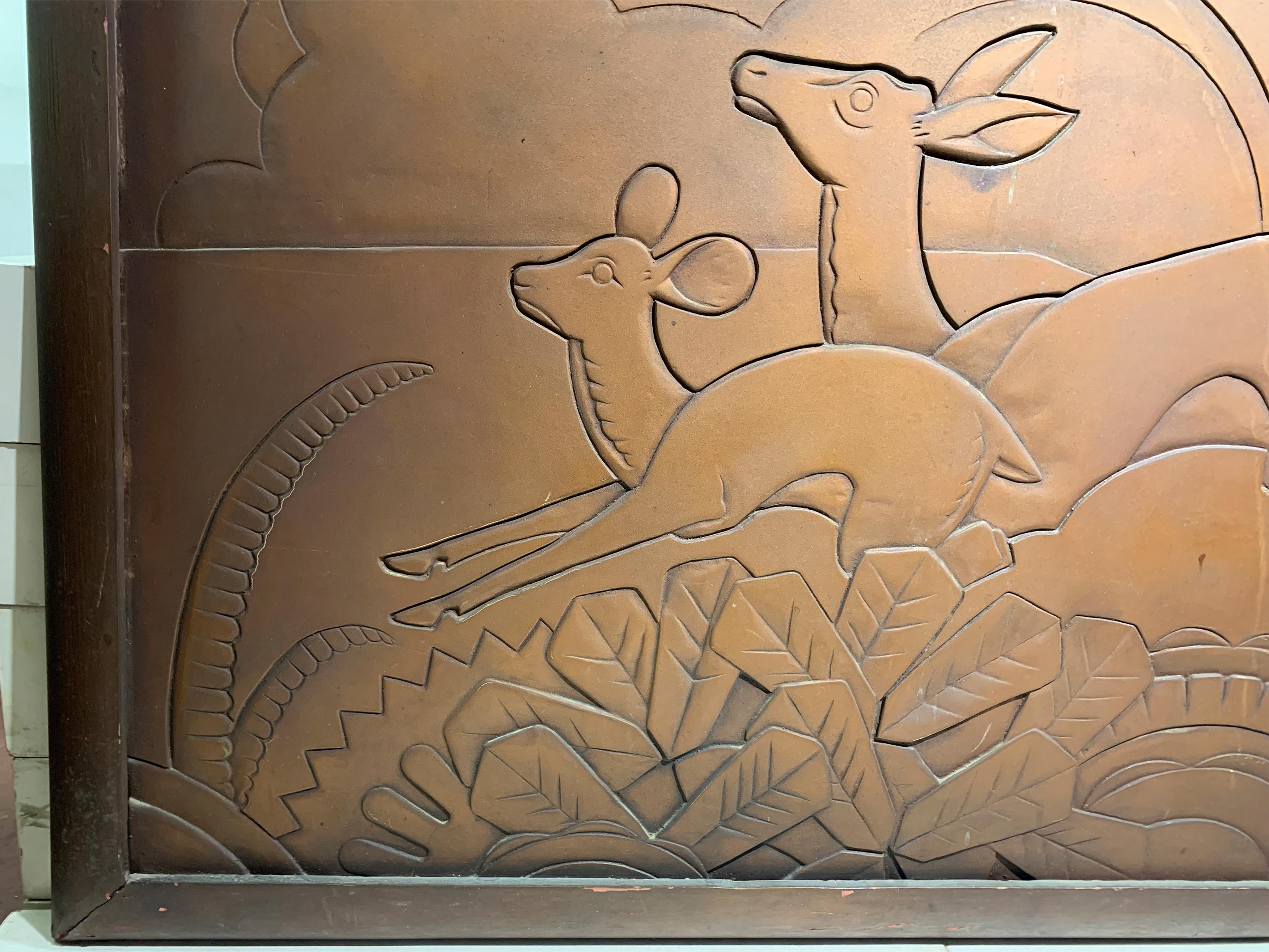 Mid Century Art Deco Engraved Wood Panel with a bronzed metallic finish In Good Condition For Sale In Beirut, LB