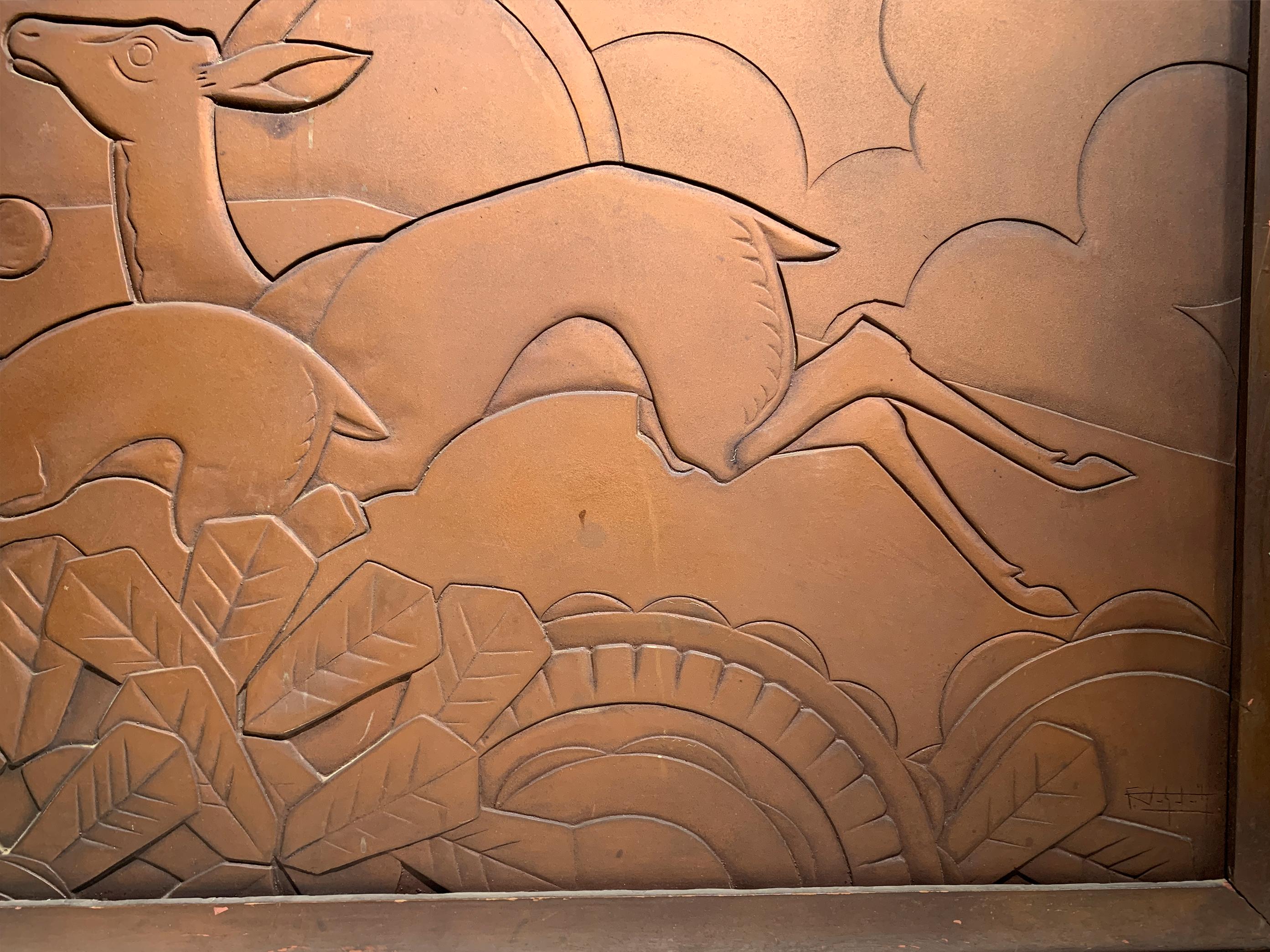 20th Century Mid Century Art Deco Engraved Wood Panel with a bronzed metallic finish For Sale