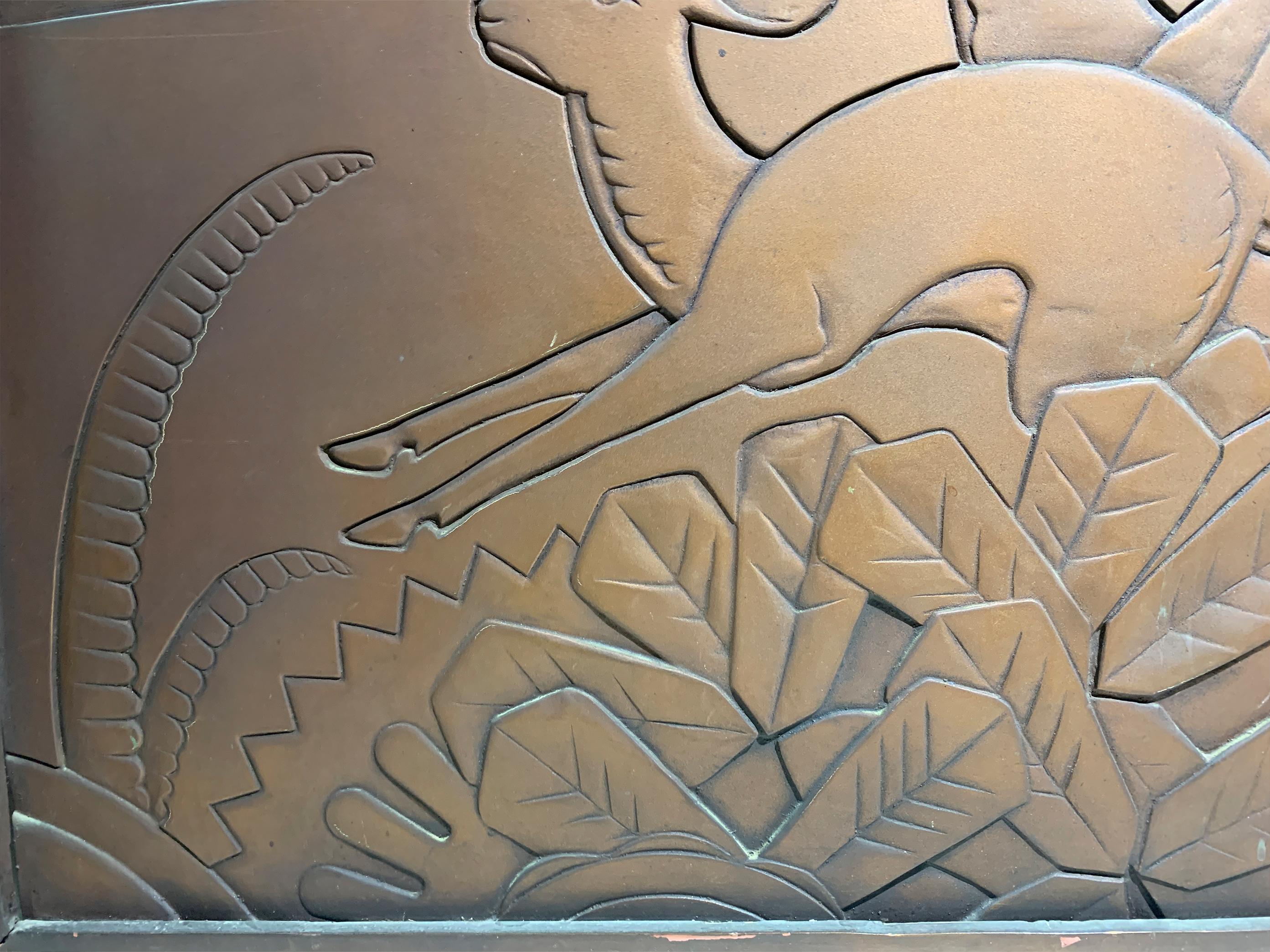 Mid Century Art Deco Engraved Wood Panel with a bronzed metallic finish For Sale 4