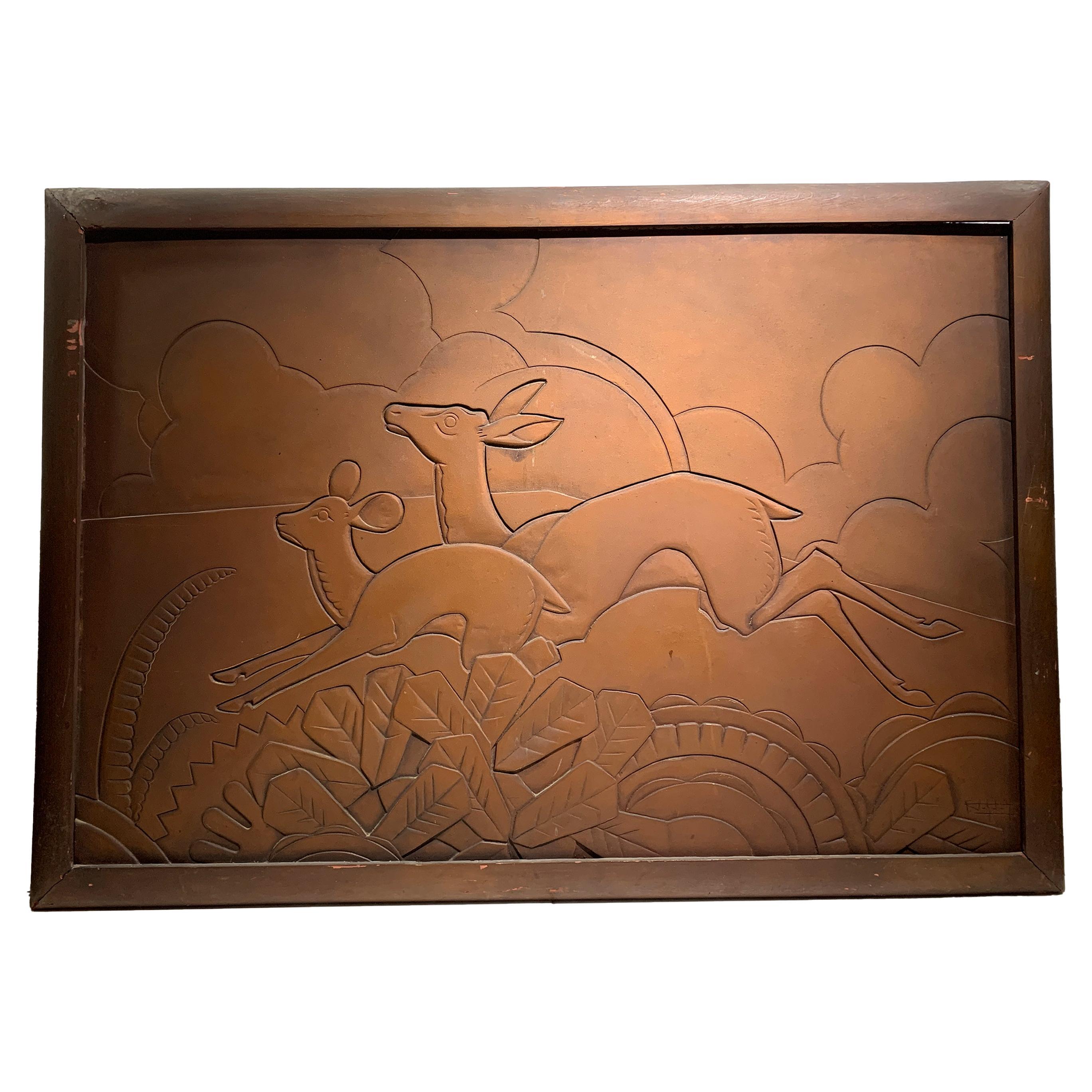 Mid Century Art Deco Engraved Wood Panel with a bronzed metallic finish For Sale