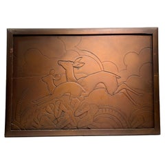 Pannello in legno inciso in stile Art Déco del metà del secolo scorso con finitura metallica bronzata