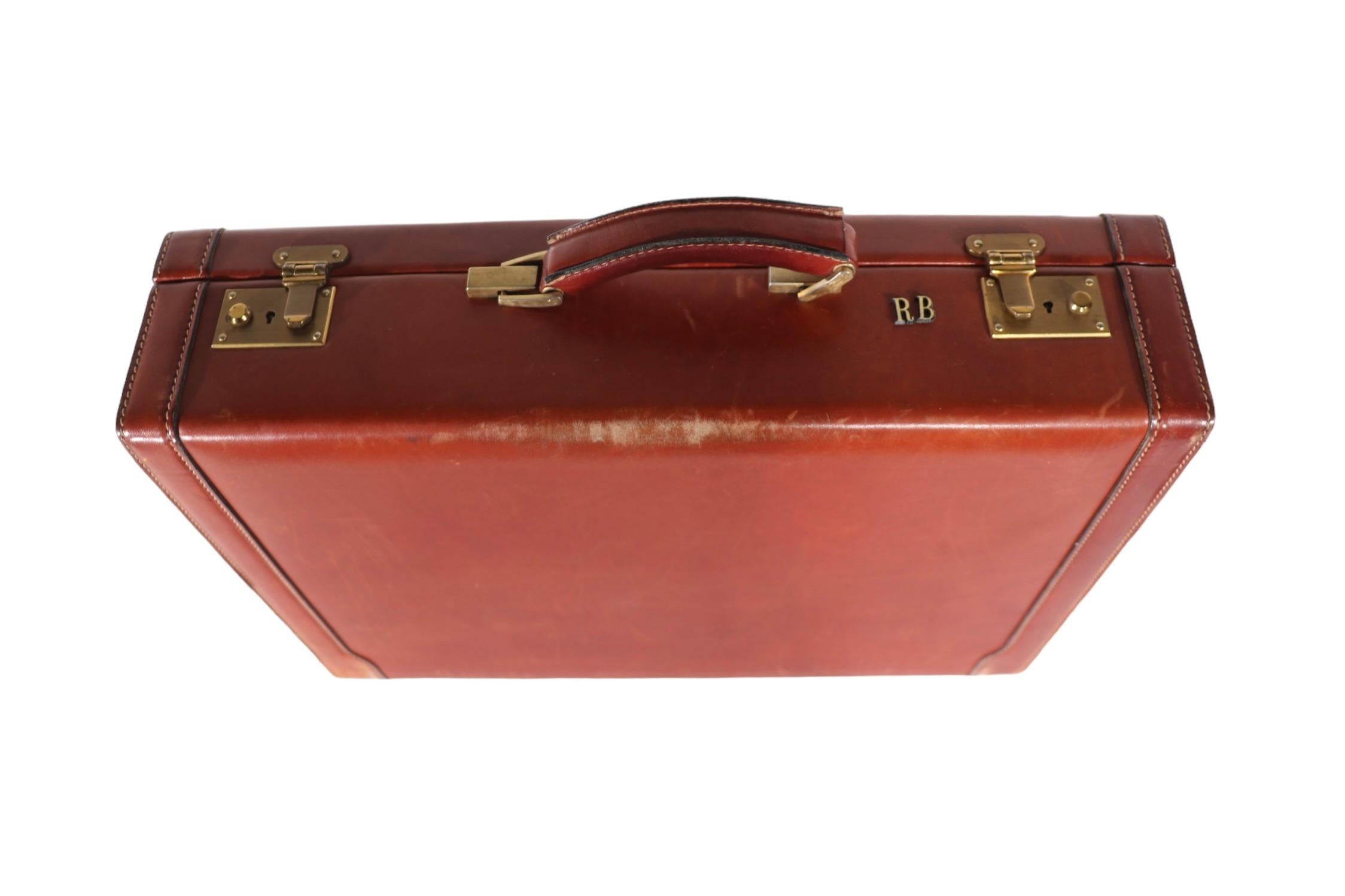  Mid Century Art Deco Hard Case Leather Attache Briefcase  after Bally, Hermes  For Sale 4