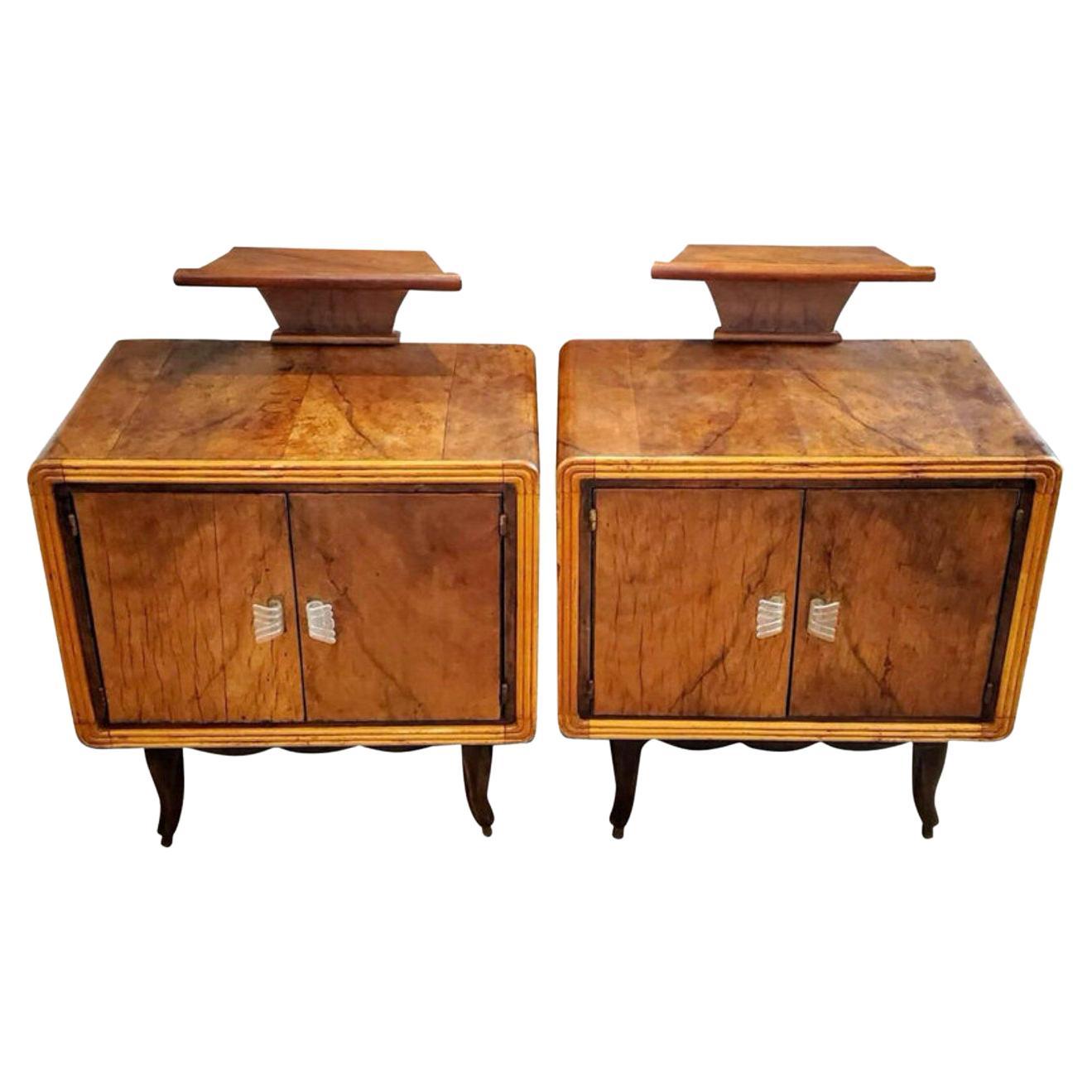 Mesillas de noche de madera de burl, modernas, italianas, art déco, de mediados de siglo, un par