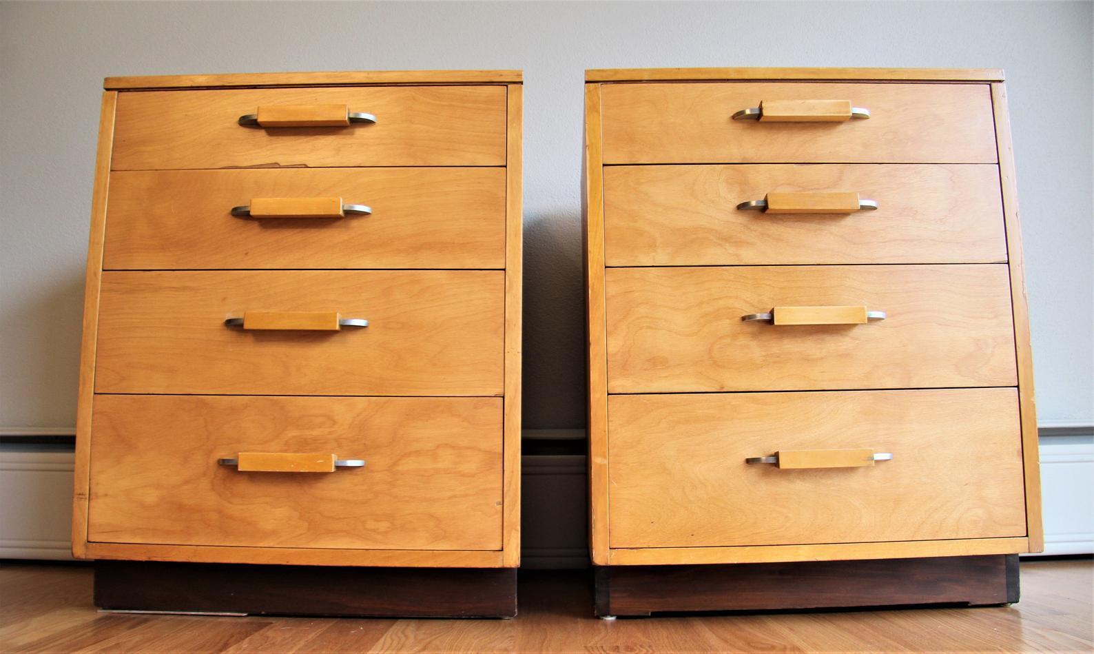 20th Century Mid Century Art Deco John Stuart Birch Chests, Nightstands, Pair