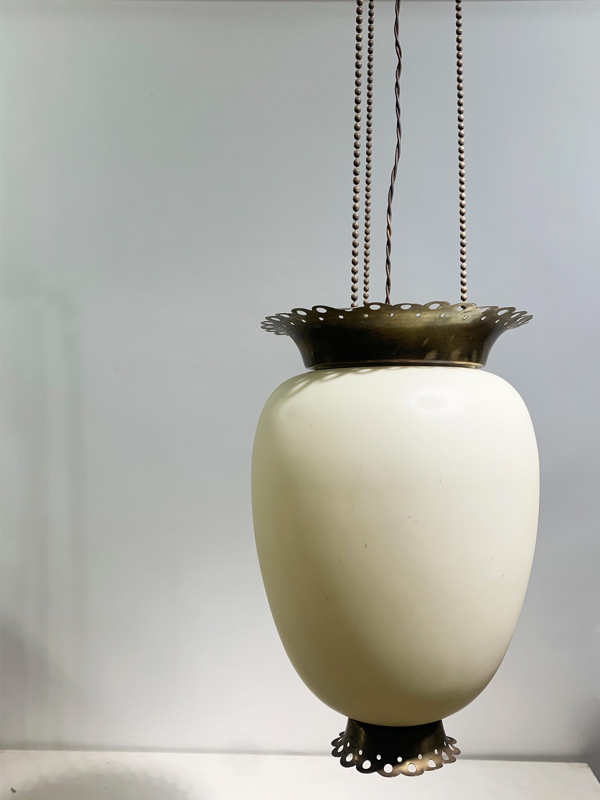 French Mid- Century Art Deco Light Pendant, in Opalized Glass and Chiseled Bronze For Sale