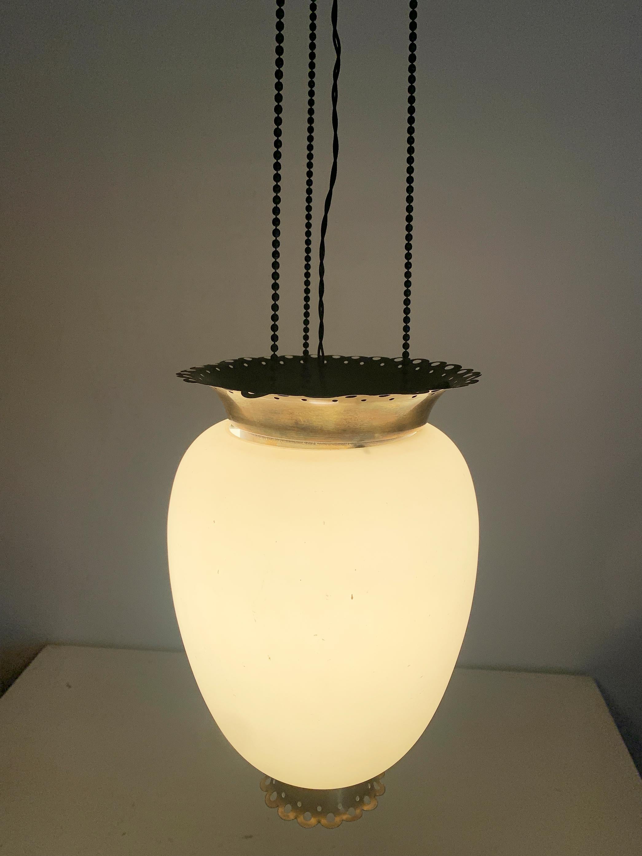 Mid- Century Art Deco Light Pendant, in Opalized Glass and Chiseled Bronze For Sale 2