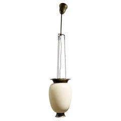Mid- Century Art Deco Light Pendant, in Opalized Glass and Chiseled Bronze