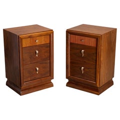Mid-Century Art-Deco Nightstand End Tables in Laurel Wood & Gold Hardware, Pair