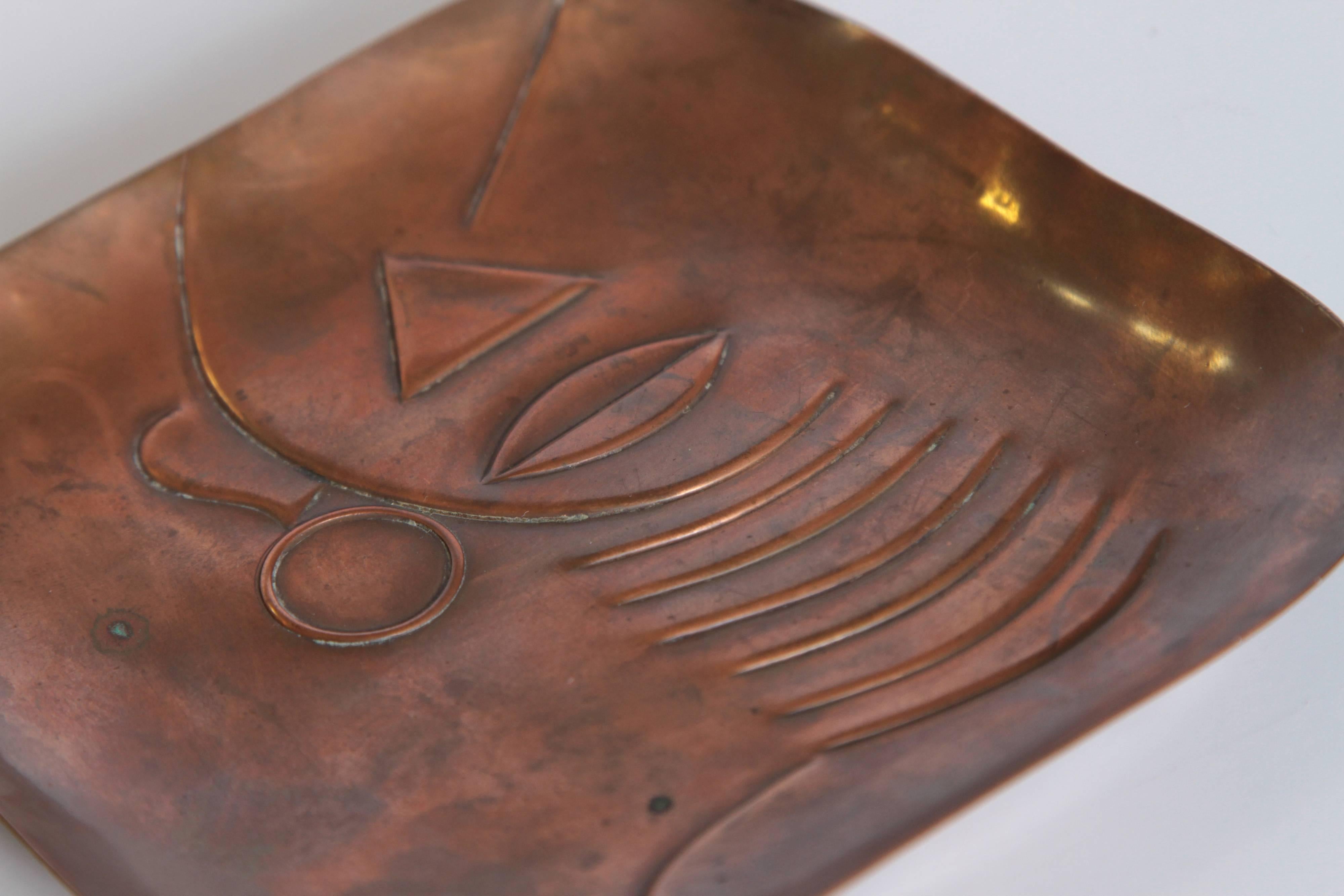 Midcentury Art Deco Original Rebajes Native Hand-Wrought Copper Tray, Patinated 3