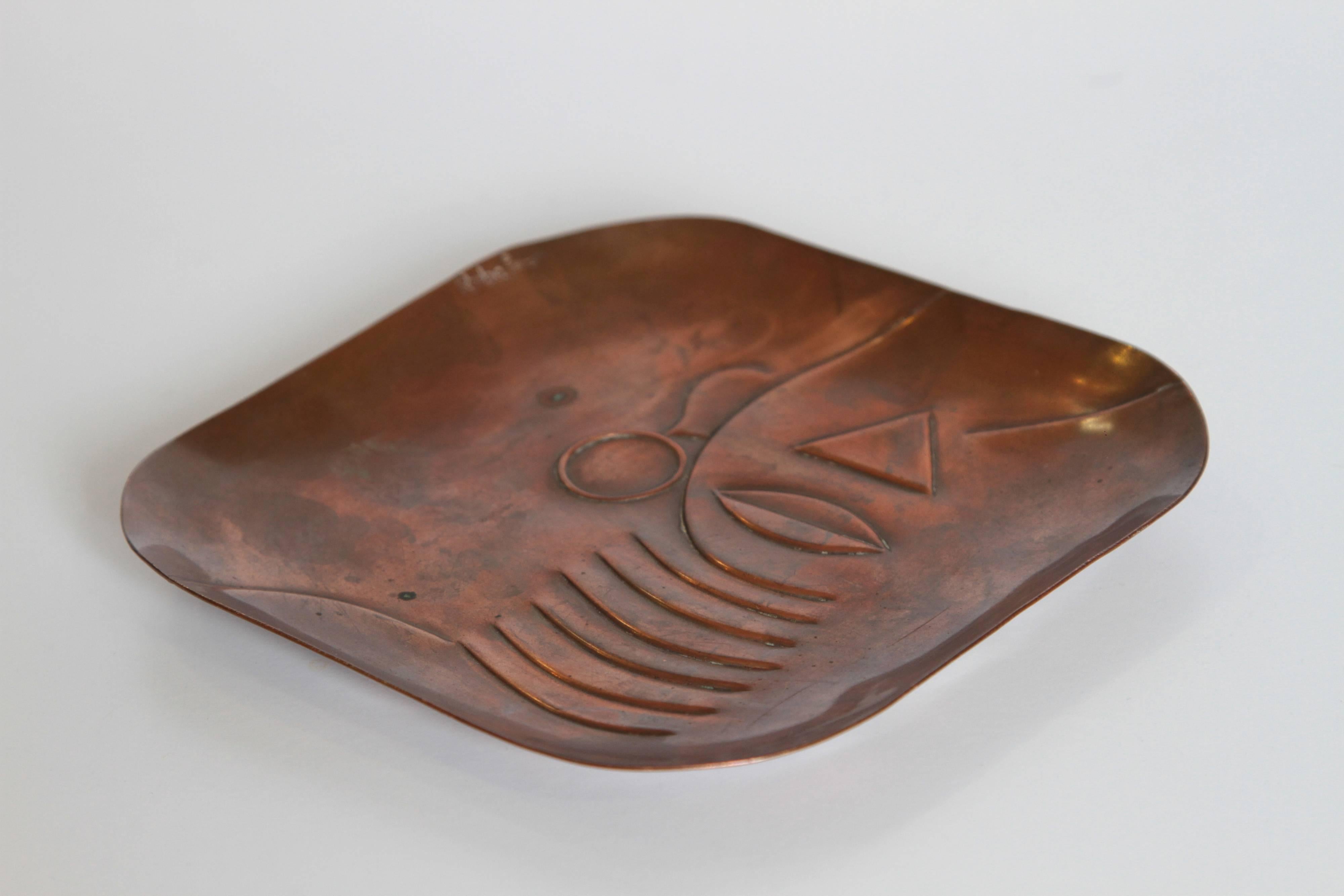 American Midcentury Art Deco Original Rebajes Native Hand-Wrought Copper Tray, Patinated