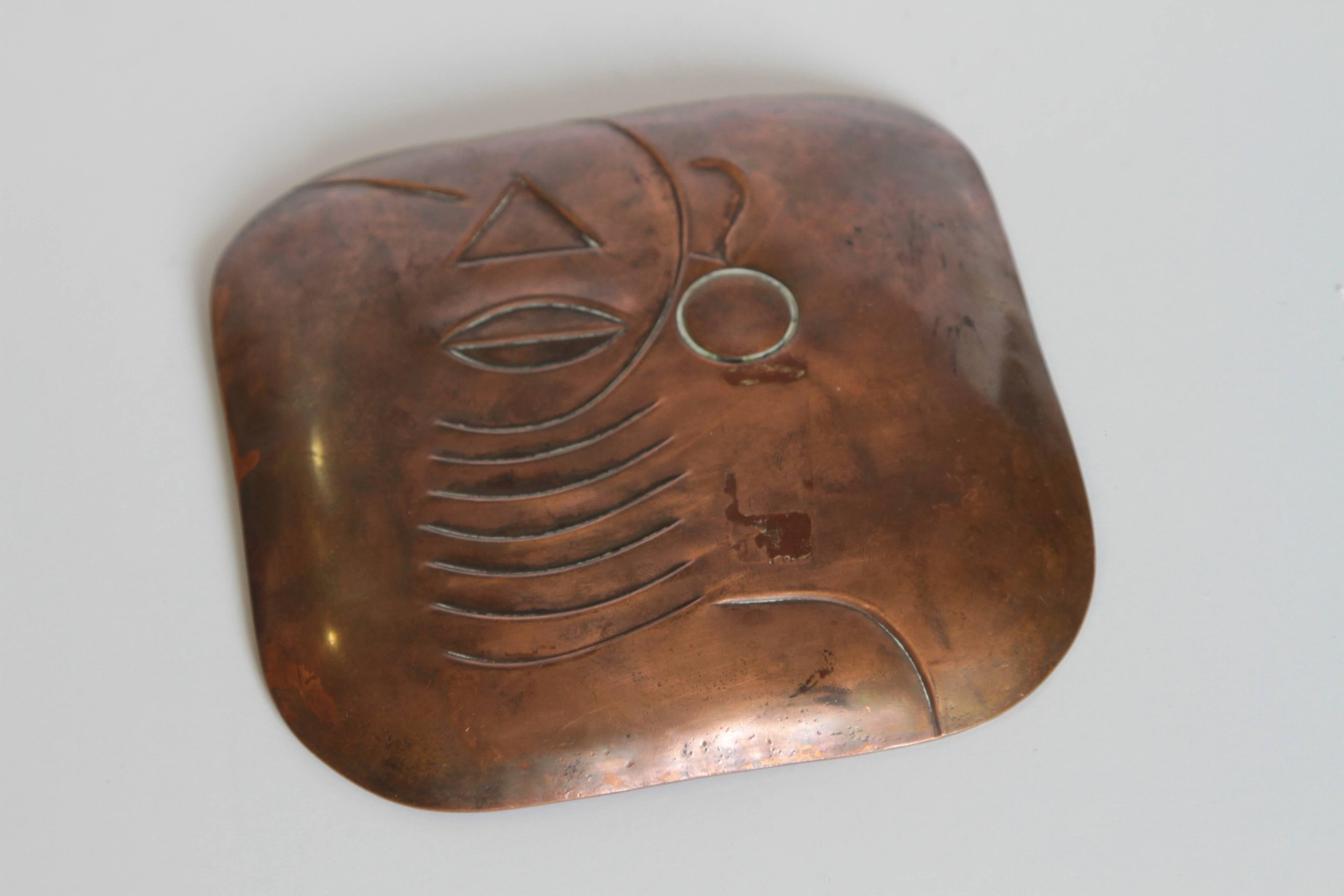 Hammered Midcentury Art Deco Original Rebajes Native Hand-Wrought Copper Tray, Patinated
