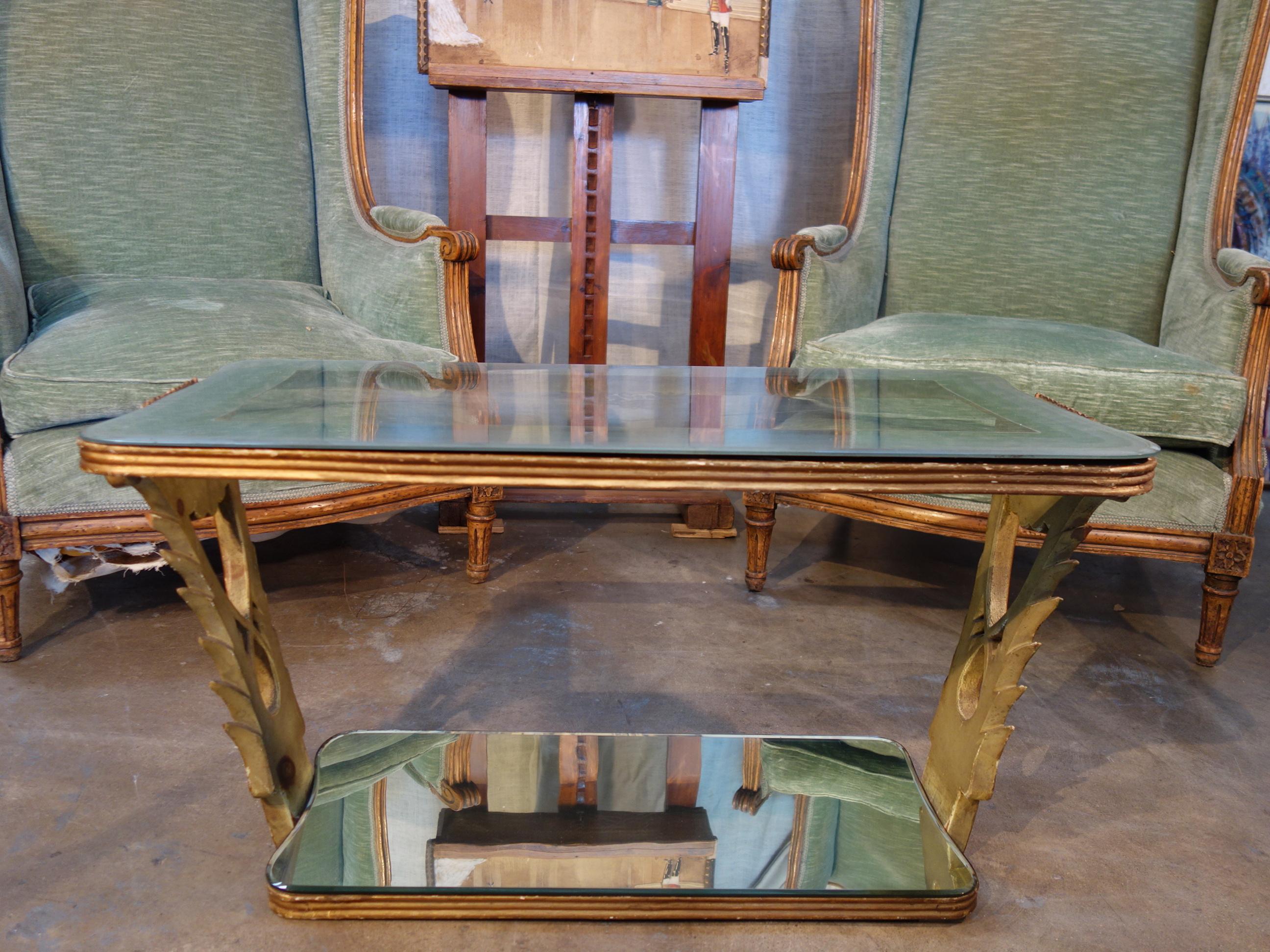 Midcentury Art Deco Painted Gilt Etched Glass and Mirror Occasional Coffee Table For Sale 12