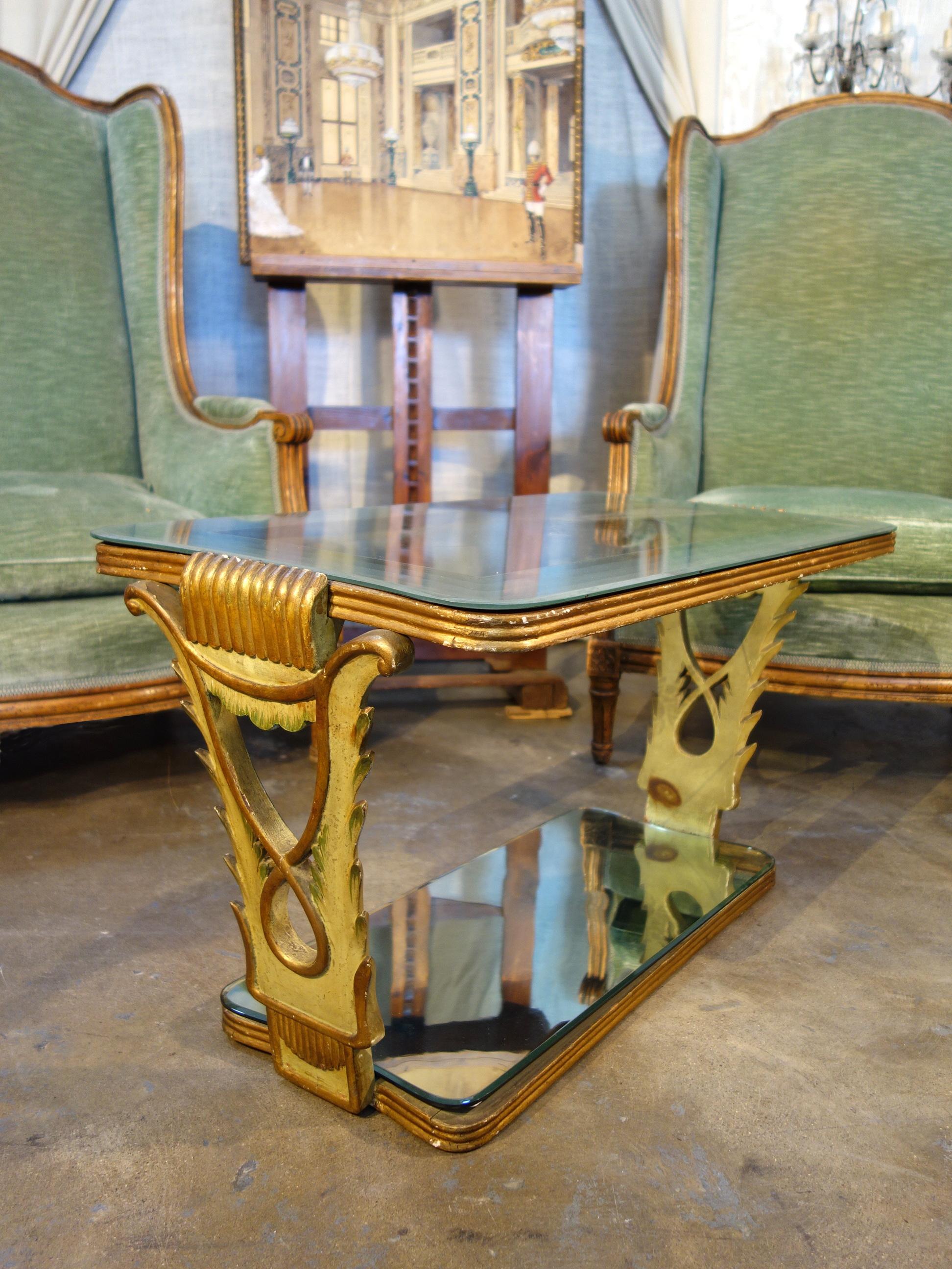 Italian Midcentury Art Deco Painted Gilt Etched Glass and Mirror Occasional Coffee Table For Sale